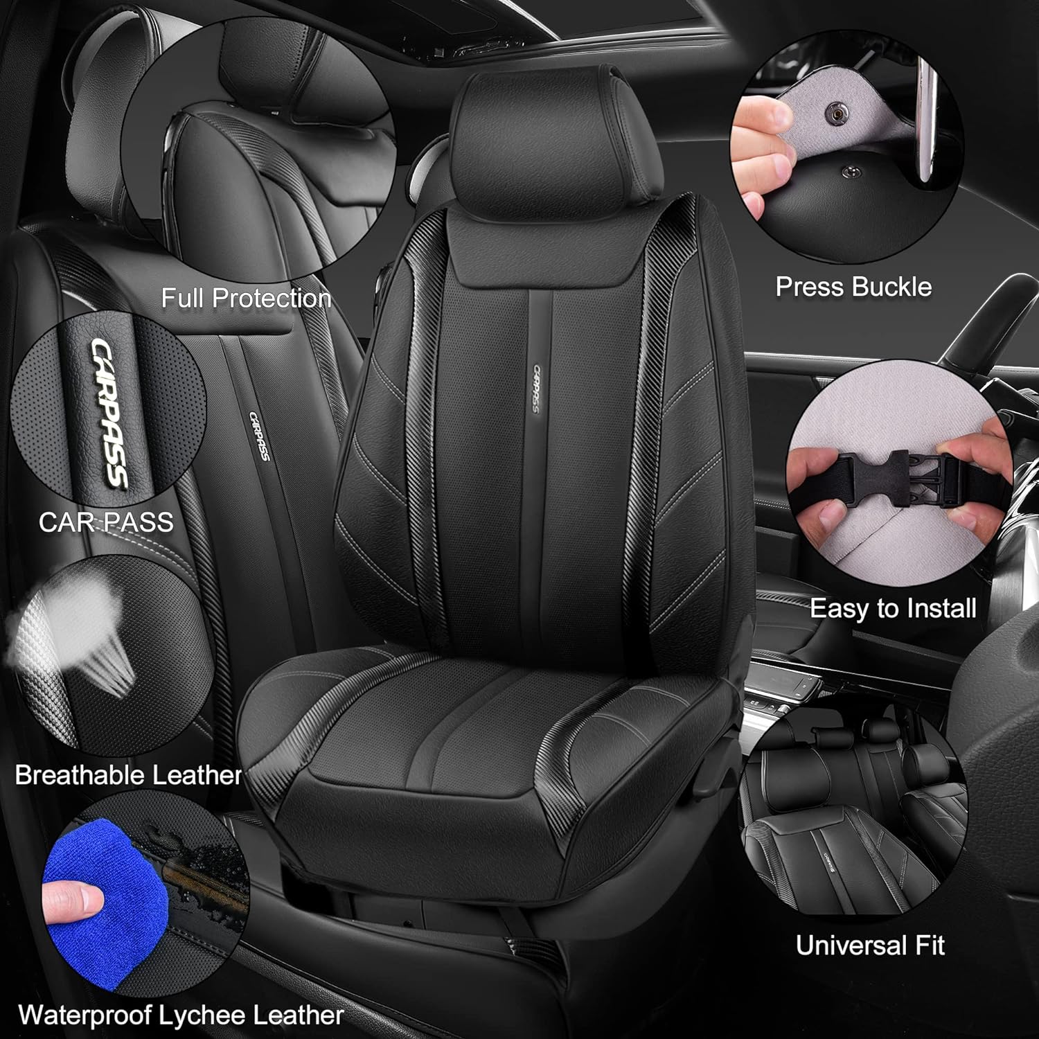 CAR PASS Steering Wheel Cover and Heavy Duty Leather Seat Cover Combo, Waterproof Automotive Seat Cover Fit for Most Sedans, SUV, Pick-Up, Truck.Carbon Fiber Black.