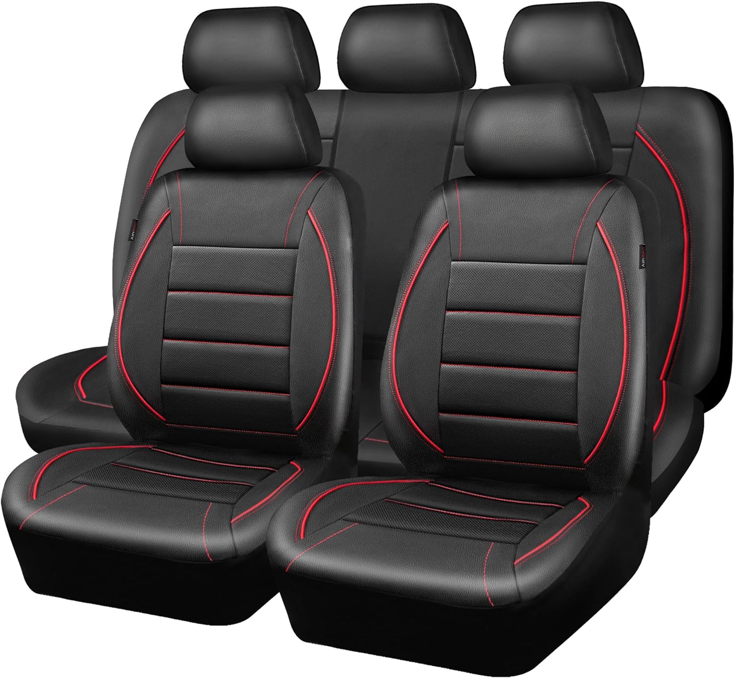 CAR PASS Universal FIT Piping Leather Car Seat Cover, for suvs,Van,Trucks,Airbag Compatible,Inside Zipper Design and Reserved Opening Holes (Full Set, Black and Red)