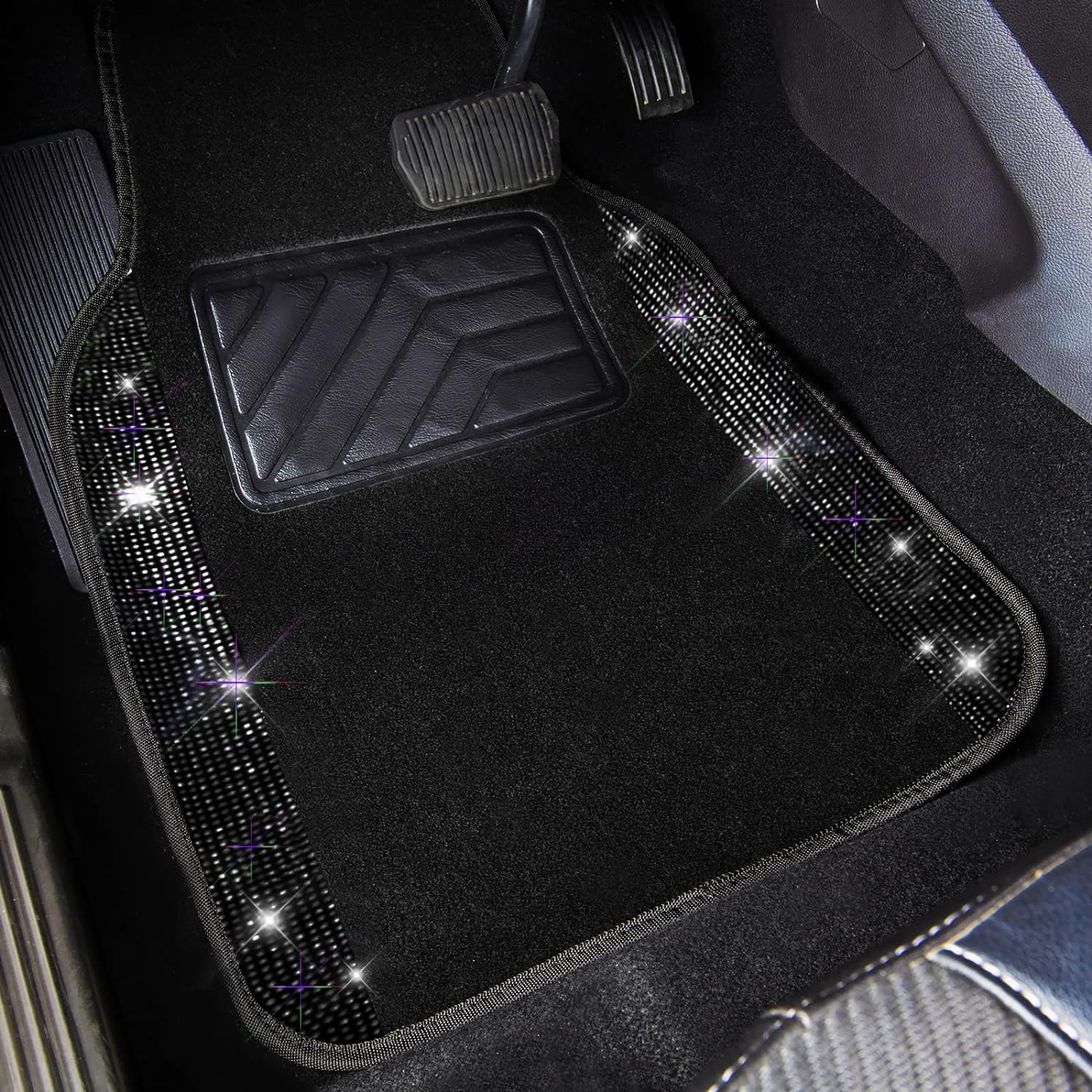 CAR PASS Bling Diamond Leather Steering Wheel Cover, Bling Rhinestones Diamond Universal Waterproof Car Floor Mat, Two Front Car Seat Covers