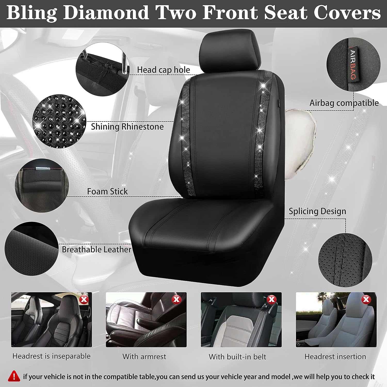 CAR PASS Leather Diamond Bling Car Seat Cover 2 Front Interior Sets, Waterproof Universal Shining Glitter Crystal Sparkle Fit for 95% Automotive Truck SUV Cute Women Girl, Black Silver Rhinestone