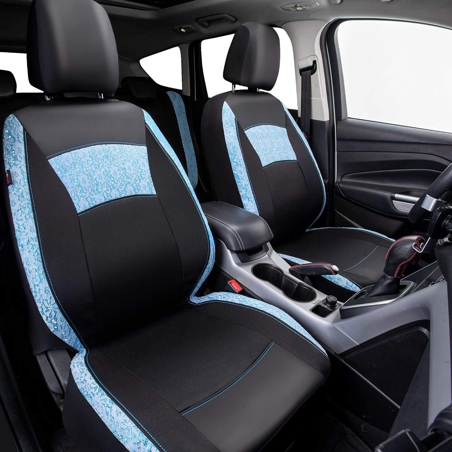 CAR PASS Gabardine Leather Lace Car Seat Covers Full Set, Mint Blue Cute Seat Cover for Women Girl,Universal Fits 95% Cars,Trucks,SUV, Vans, Automotive Compatible with AIRBAG (Black Mint Blue)