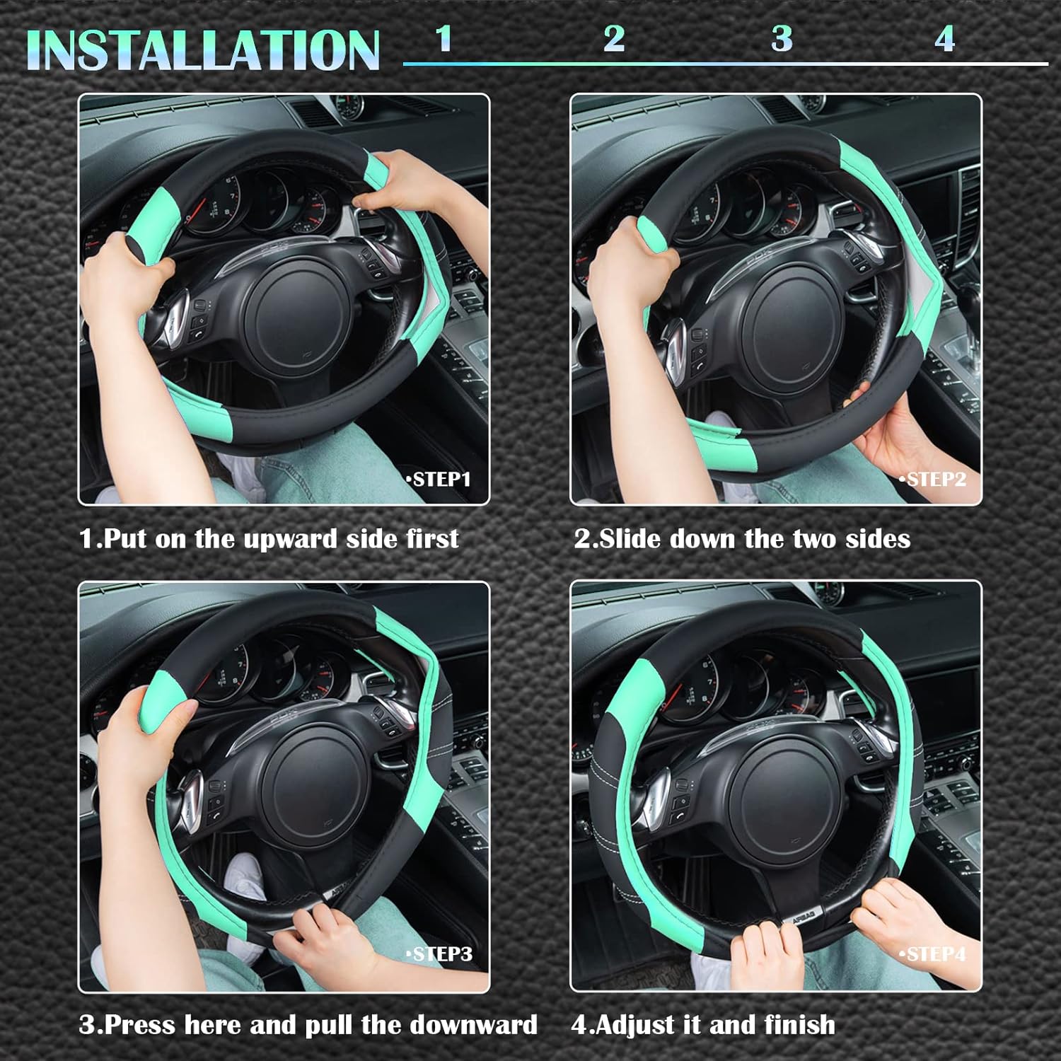 CAR PASS Line Rider Microfiber Leather Sporty Steering Wheel Cover and Sporty Cloth Full Set Car Seat Covers,Fits for 95% Truck,SUV,Cars, Anti-Slip Safety Comfortable Desgin (Black Mint Blue)