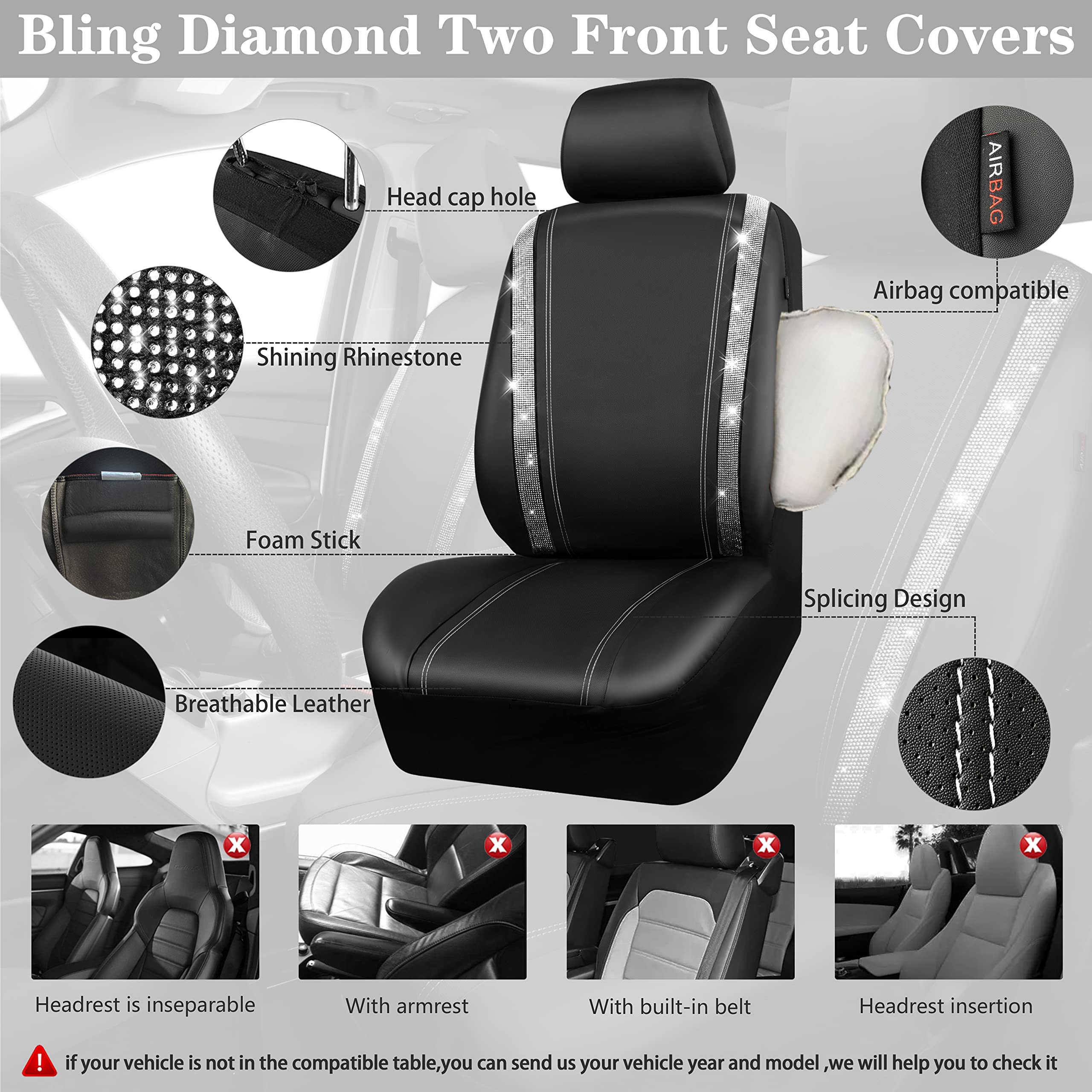 Bling Rhinestone Diamonds Car Seat Covers Leather&Shining Diamond Car Floor mats Carpet with Anti-Slip Nibs&Bling Car Accessories Sets-Silver