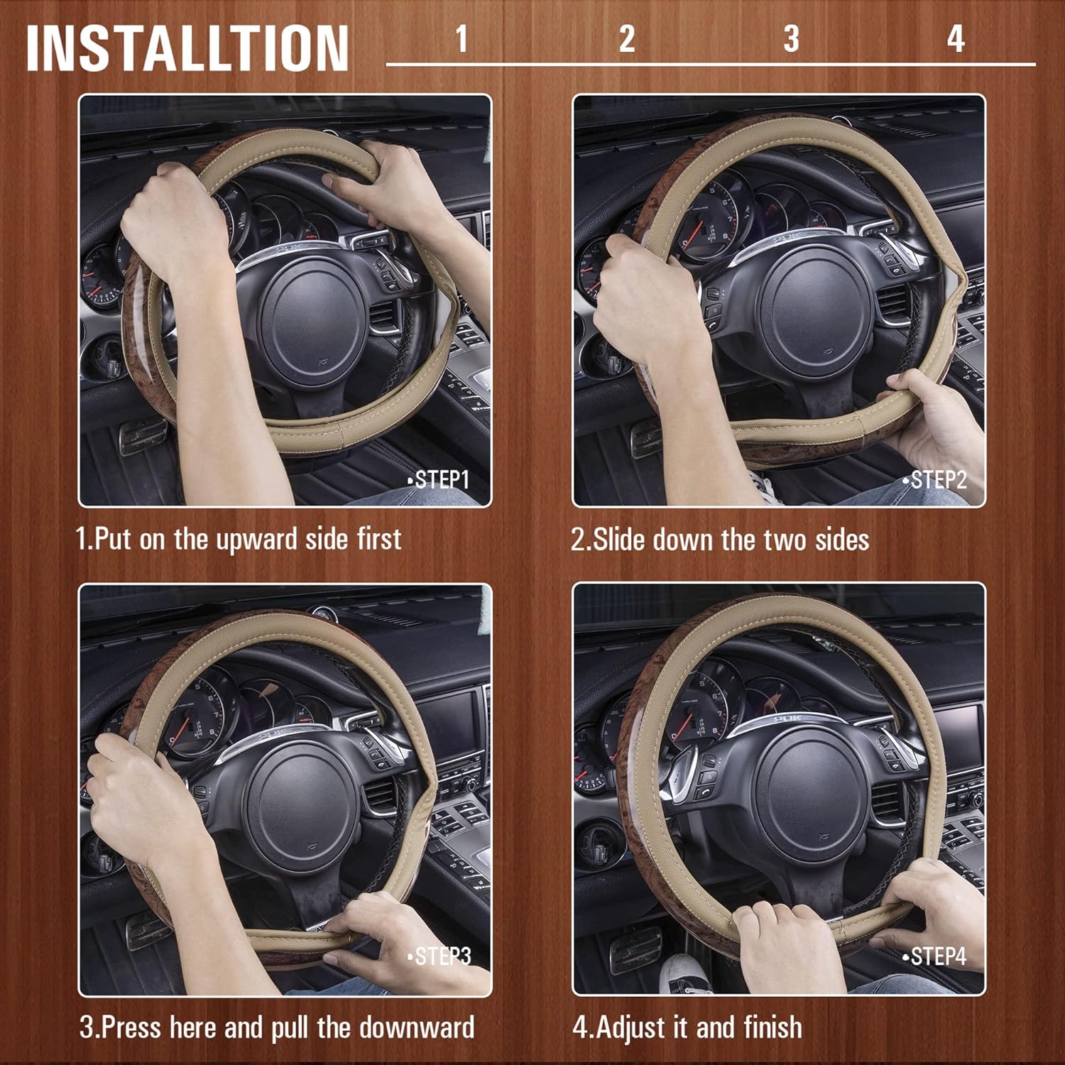 CAR PASS Wood Grain Microfiber Leather Steering Wheel Cover, Universal Fit for 14 1/2-15 inch Beige Steering Wheel, Anti-Skip Veins Design,Trucks, Suvs,Vans, Sedans (Beige)