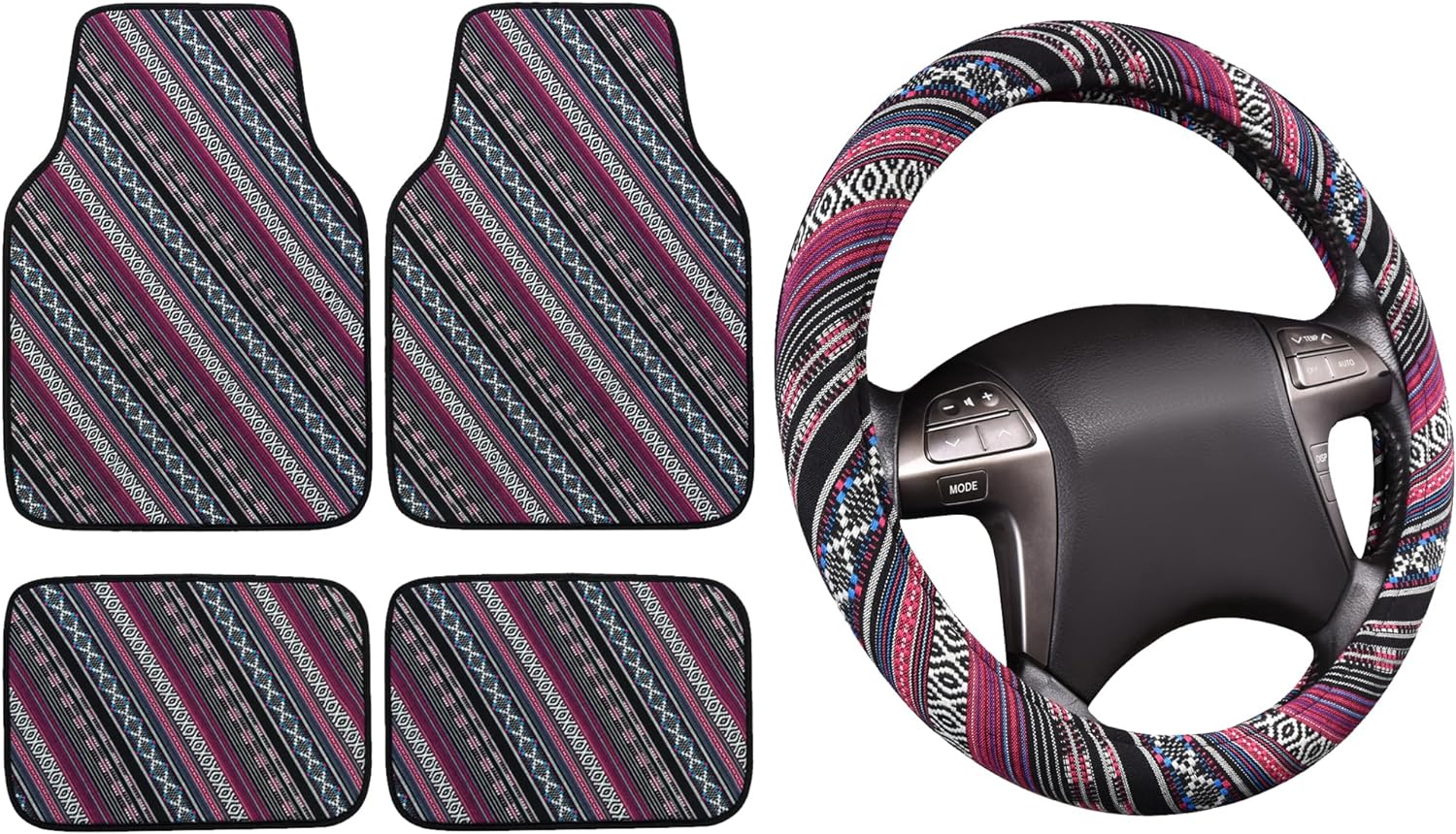 CAR PASS Rainbow Ethnic Car Floor Mats Bundle with Boho Steering Wheel Cover (Purple)