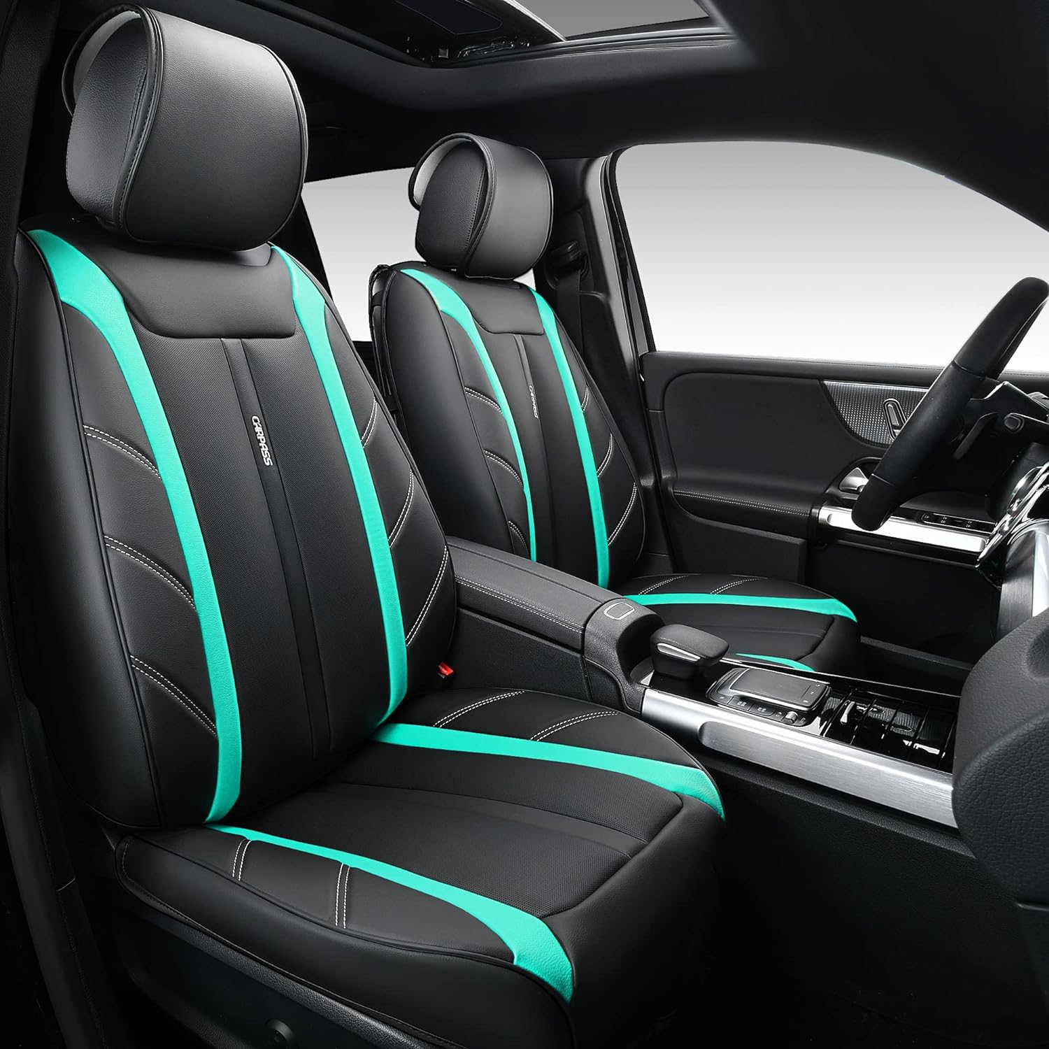 CAR PASS Leather Seat Cover Full Set Luxury Sporty Cushioned. Universal Waterproof Lychee Leatherette Car Seat Covers Fit for Most Sedans,SUV,Truck,Automotive Black and Fluorescent Green