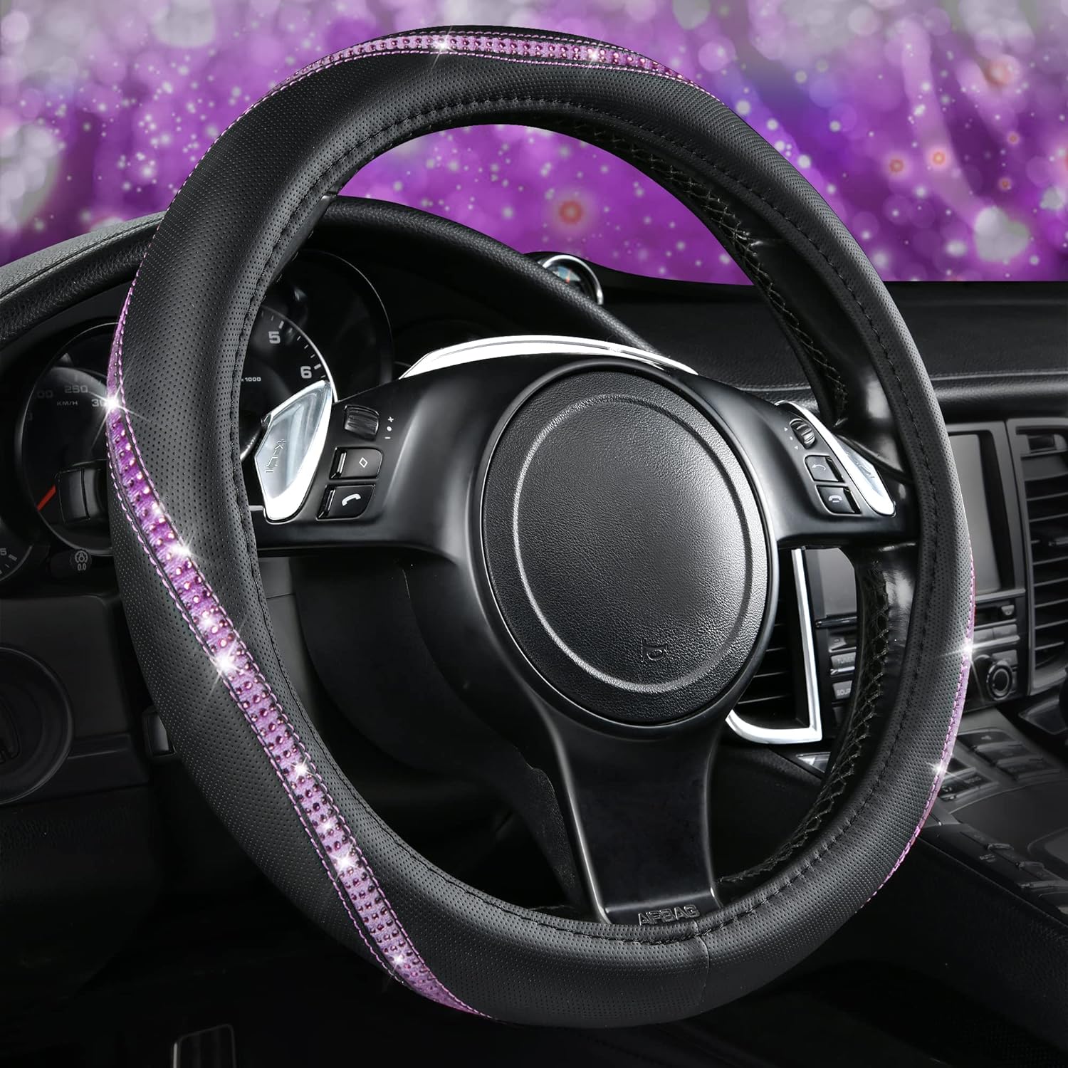 CAR PASS Bling Diamond Black Leather Steering Wheel Cover, Studded Crystal Rhinestones Universal Fit 14" 1/2-15" Glitter for Women Sparkle Girl Fit Suvs,Vans,Sedans,Car,Trucks, Silver Diamond