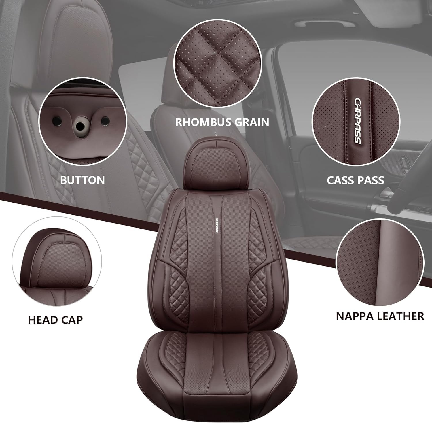 CAR PASS Nappa Leather Car Seat Covers Full Set Waterproof Protector Durable Cushioned,Universal Fit for Sedan SUV Pick-up Truck,Automotive, Anti-Slip and Backseat Luxury Premium Deluxe(Black)