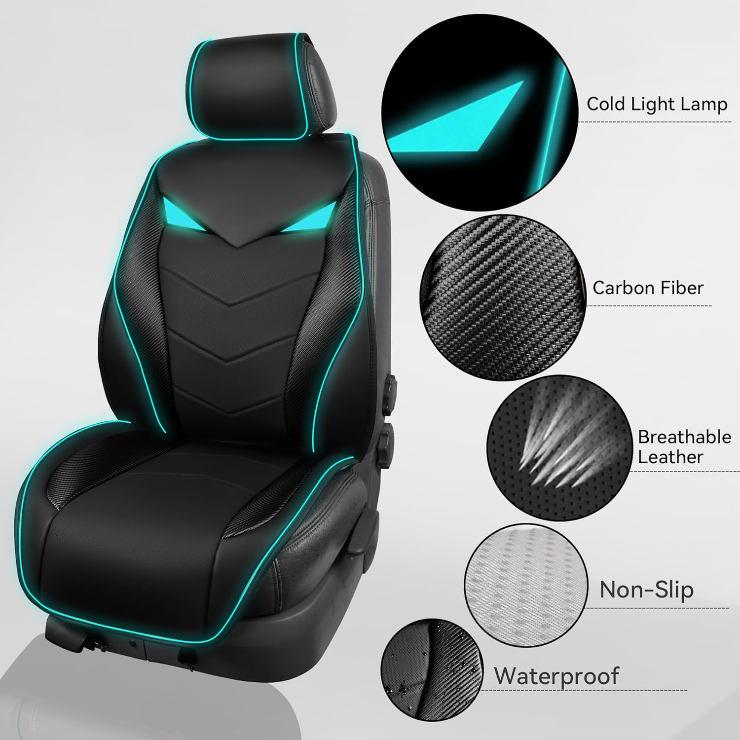 CAR PASS Leather Two Front Seat Covers with Led Light,Sound-Activated Music Sync Little Monster Eye Lighting Front Seat Cover Only Universal Fit for Sedans SUVs Vans,Airbag Compatiable(Black and Mint)