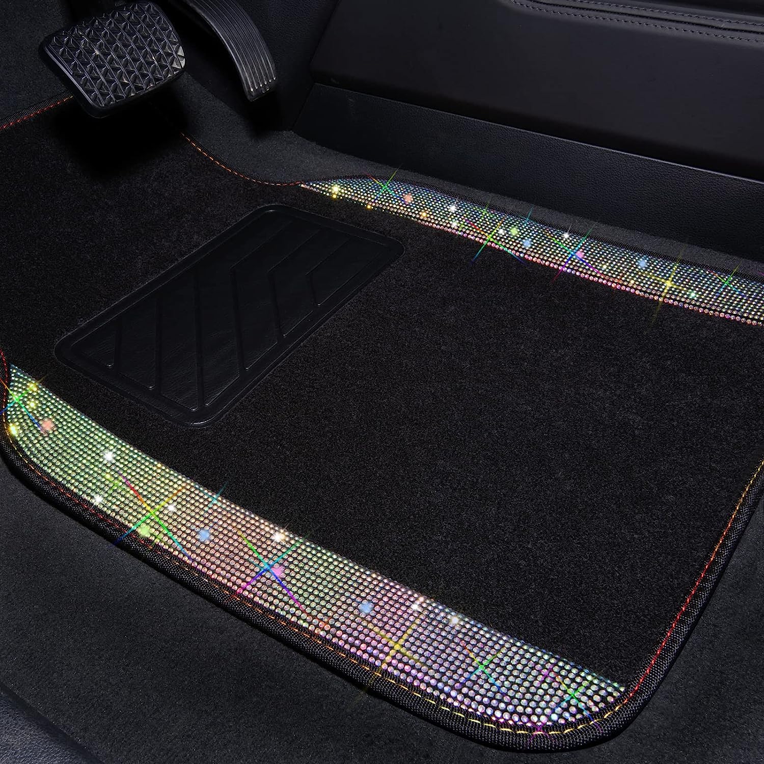 CAR PASS Diamond Car Floor Mats & Pink Leather Steering Wheel Cover, with Bling Crystal Rhinestones Universal Fit 14" 1/2-15" Crystal Glitter for Women Sparkle Girl