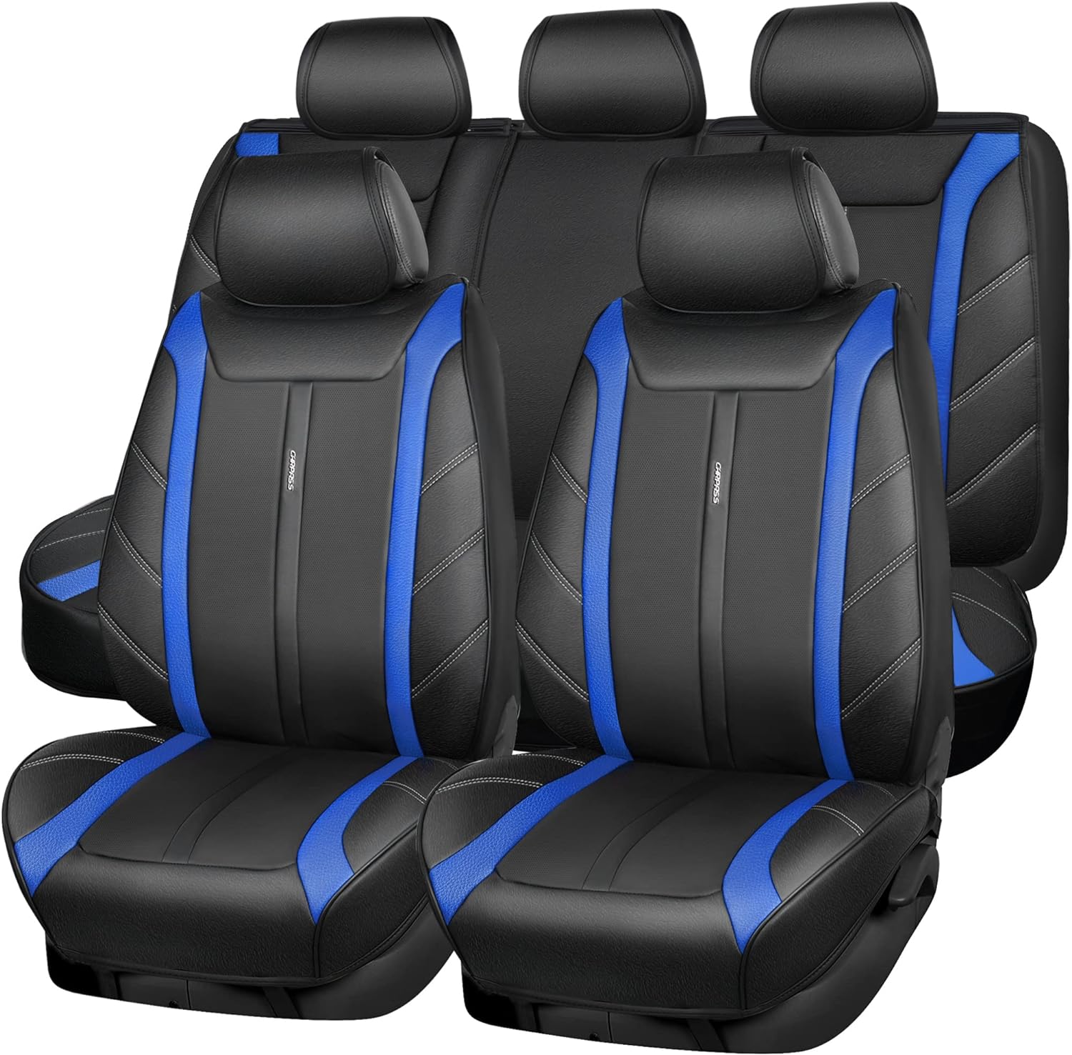 CAR PASS Line Rider Microfiber Leather Sporty 14.5-15inch Steering Wheel Cover and 5 Seats Luxury Leather Seat Covers Full Set Fit for Most Vehicle Sedan Van SUV Cars(Black-Blue)