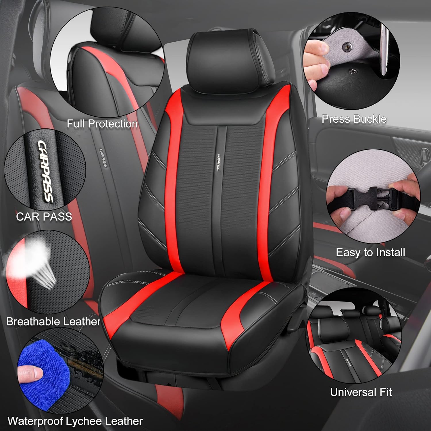 CAR PASS Leather Seat Covers Full Set All Coverage Cushioned. Waterproof Luxury Leatherette car seat Covers & Car Floor mats, Universal Fit for SUV, Cars, Van, Sporty (Black and Red)