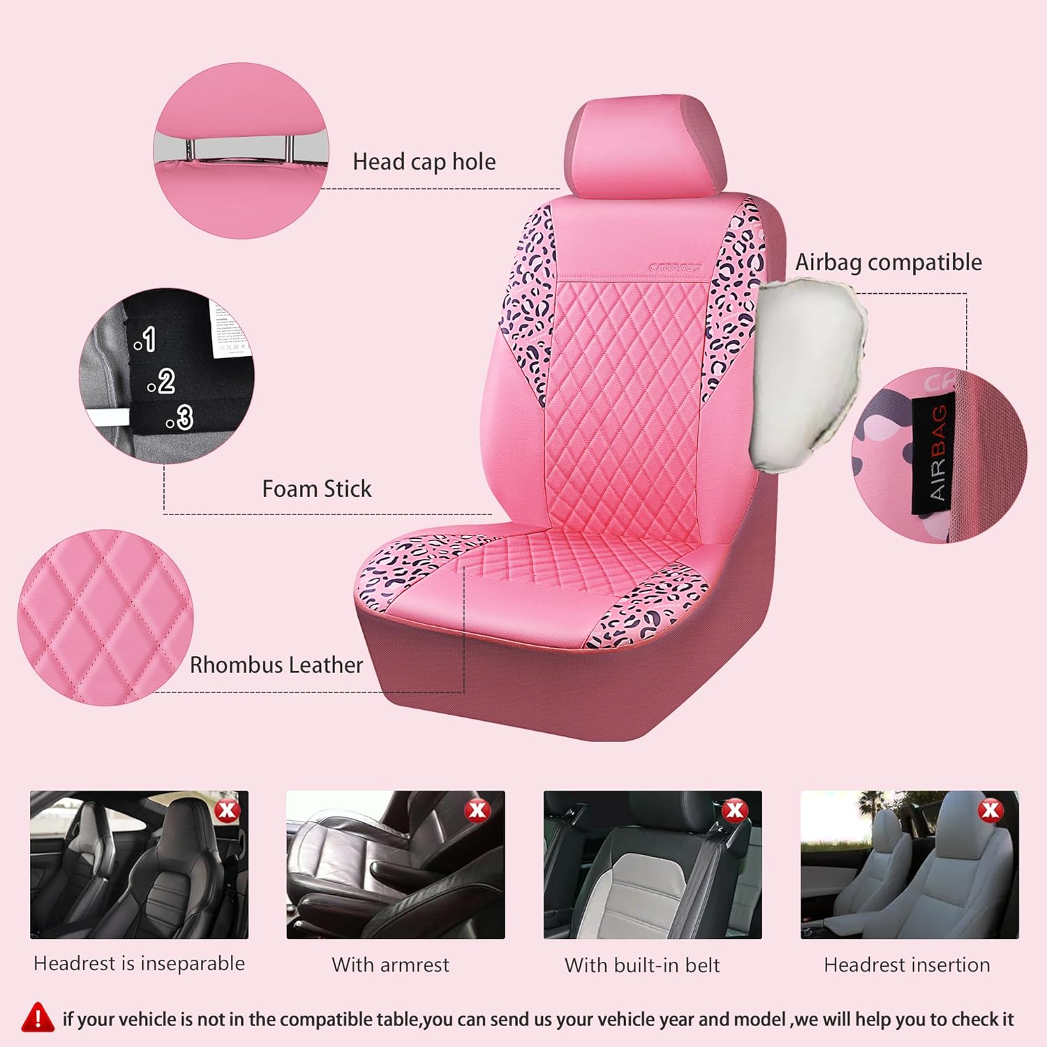 CAR PASS Leather Leopard Two Front Seat Cover & Pink Car Mats, Car Seat Cover for Cute Women Girly,5mm Composite Sponge Inside,Airbag Compatible Fit for Most Sedan,SUV,Truck (Pink)