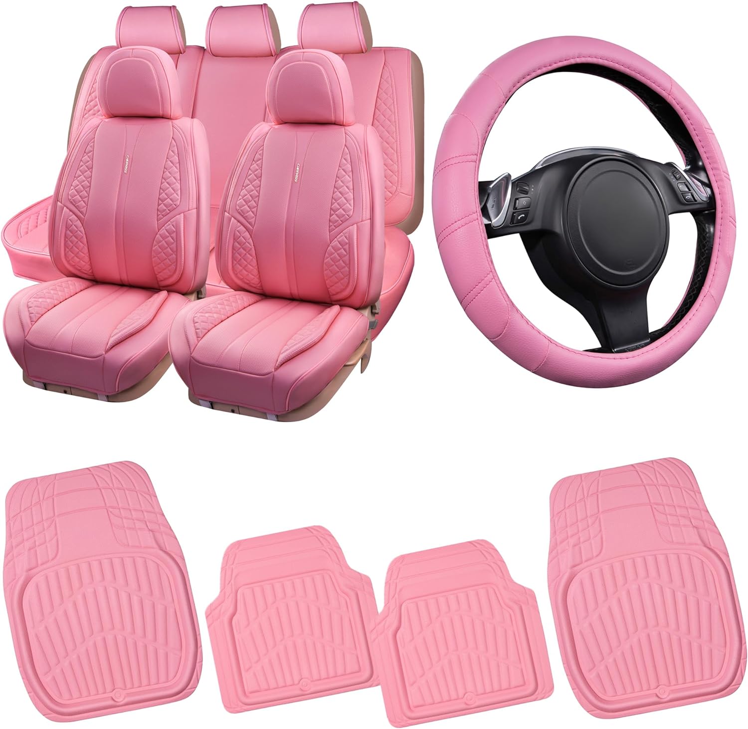 CAR PASS Barbie Pink Nappa Waterproof Leather Car Seat Covers Full Sets Cushion Breathable Protector Universal Fit for Car Sedan SUV Pickup Truck (Pink)
