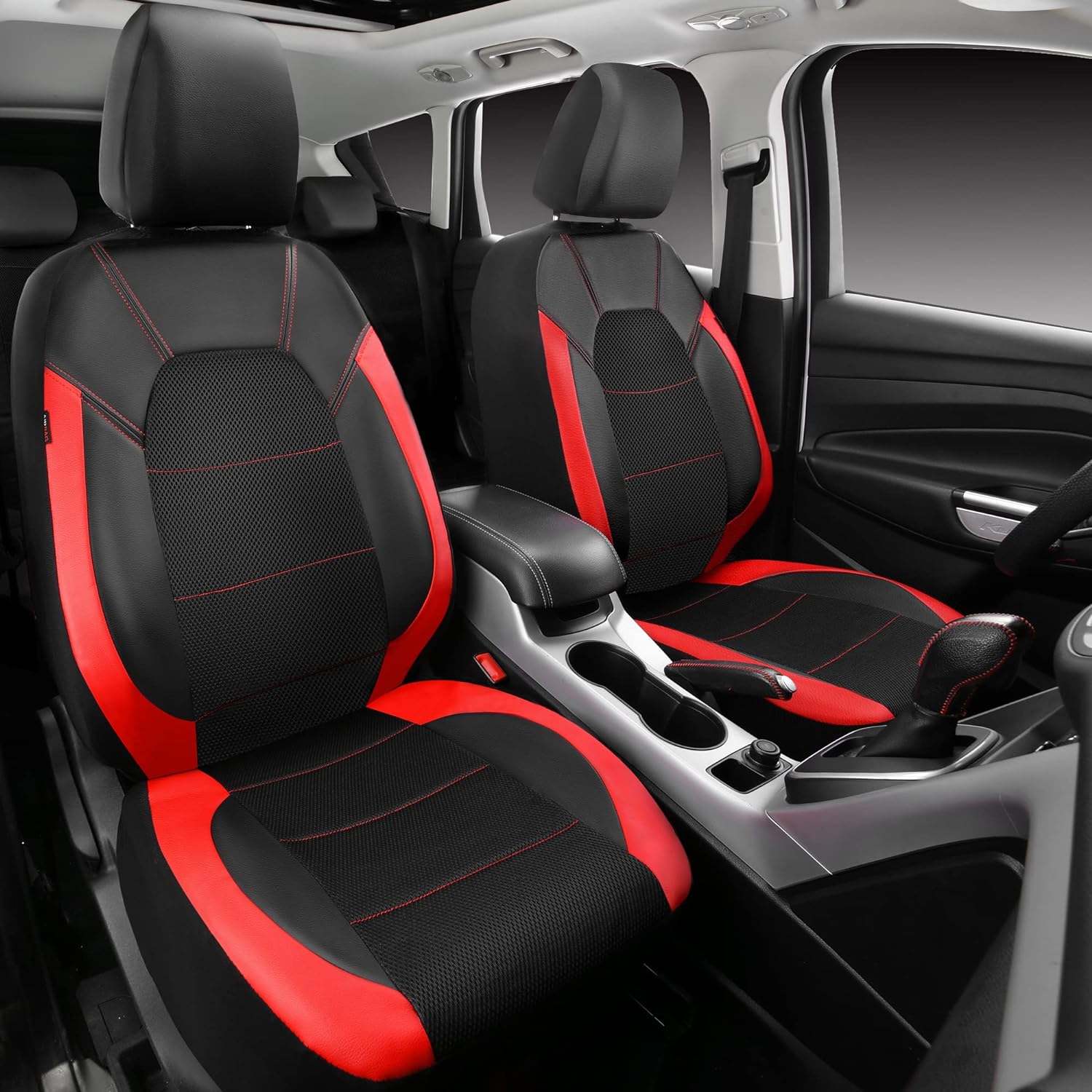 CAR PASS Universal Leather Two Front Seat Covers & Car Floor mats,Sport seat Covers fits Most Cars, SUVs, Trucks, and Vans Airbag Compatible (Black and Red)