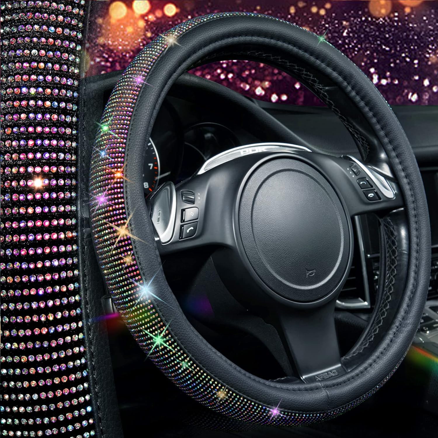 CAR PASS Diamond Leather Steering Wheel Cover & Iridescent Diamond &Nappa Calfskin Leather Cushioned,Bling seat Covers Fit for Auto SUV Sedan,Sparkly Glitter Shining Rhinestone