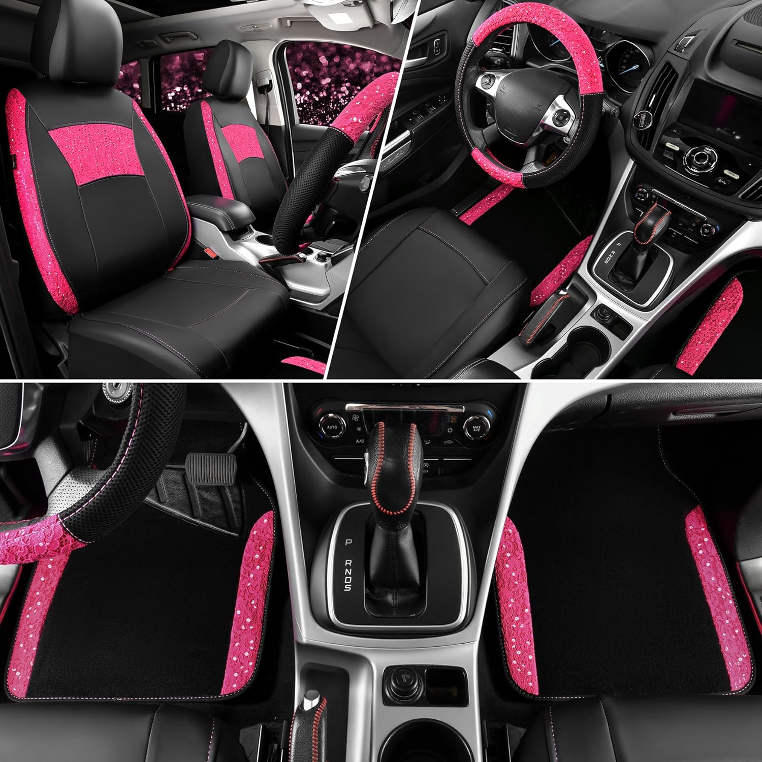 CAR PASS® Universal Leather Pink Lace Car Seat Covers Full Set for Women Girls, Bling Waterproof Car Floor Mats Carpet, Steering Wheel Cover for Car Accessories Interior Sets 10PCS Included