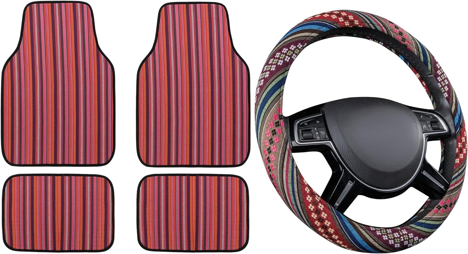 CAR PASS Rainbow Ethnic Car Floor Mats Boho Steering Wheel Cover,Anti-Slip, fit for Most suvs,sedans,Trucks,sedans(Four Floor Mats,Steering Wheel Cover)