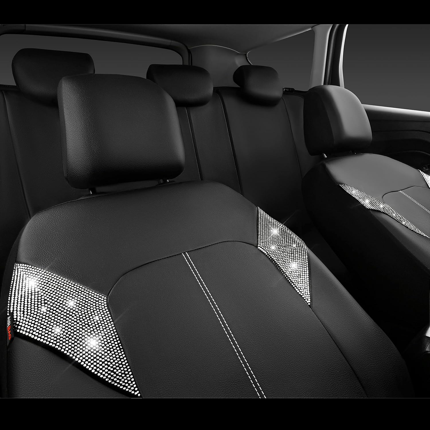 CAR PASS Bling Car Seat Covers Shining Rhinestone Diamond Waterproof Faux Leather Full Set Universal Fit 95% Automotive Glitter Crystal Sparkle Strips for Cute Women Girl, Black Diamond