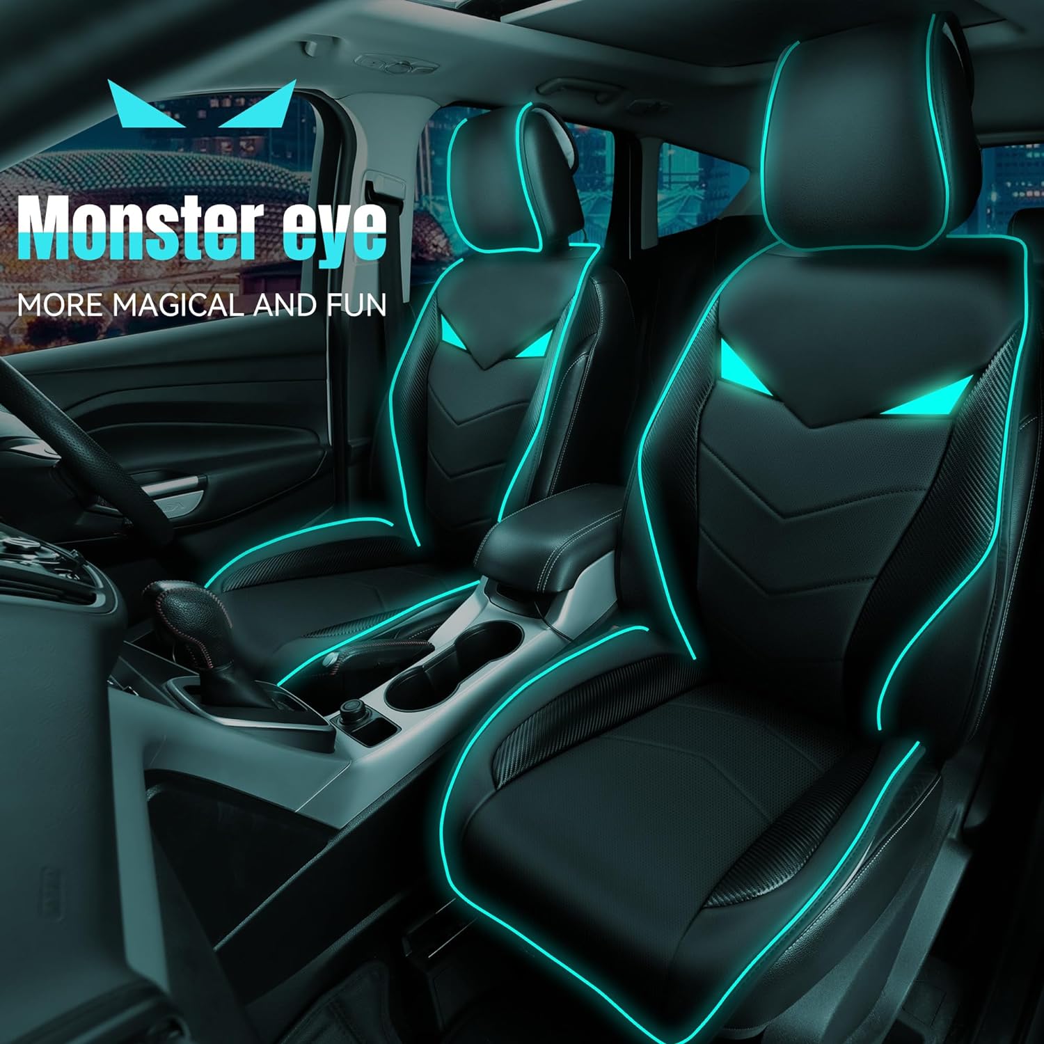 CAR PASS Leather Two Front Seat Covers with Led Light,Sound-Activated Music Sync Little Monster Eye Lighting Front Seat Cover Only Universal Fit for Sedans SUVs Vans,Airbag Compatiable(Black and Mint)