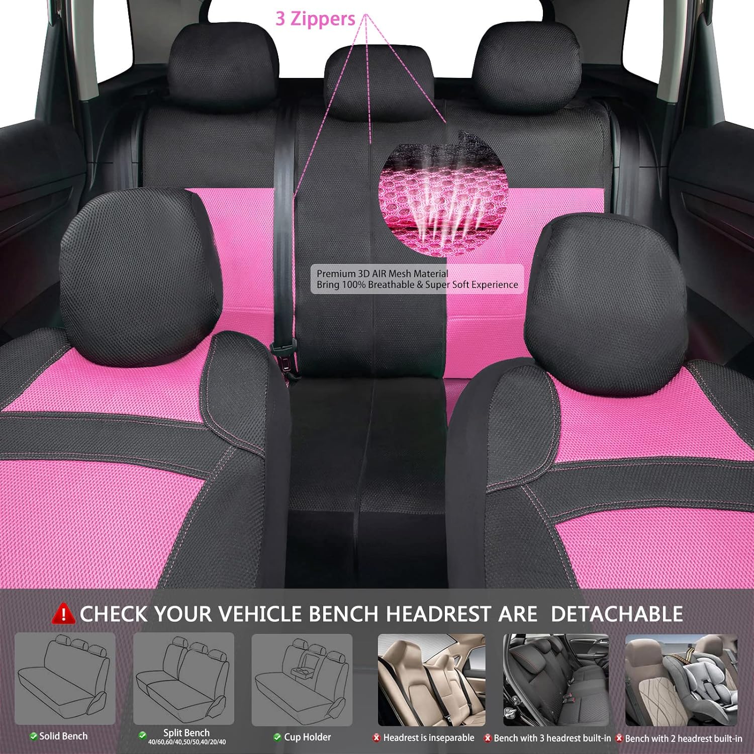 CAR PASS Universal 13PCS 3D Air Mesh-100% Breathable Seat Covers Full Sets&Car Mats#Steering Wheel&Belt Cover #Airbag and Rear Split Bench Compatible#for 90% Automotive SUV Truck Pink