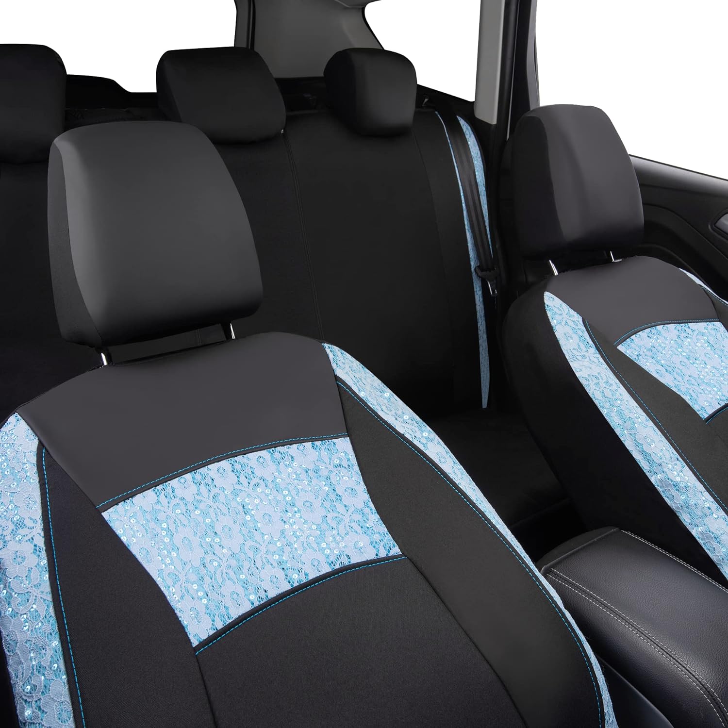CAR PASS Gabardine Leather Lace Car Seat Covers Full Set, Mint Blue Cute Seat Cover for Women Girl,Universal Fits 95% Cars,Trucks,SUV, Vans, Automotive Compatible with AIRBAG (Black Mint Blue)