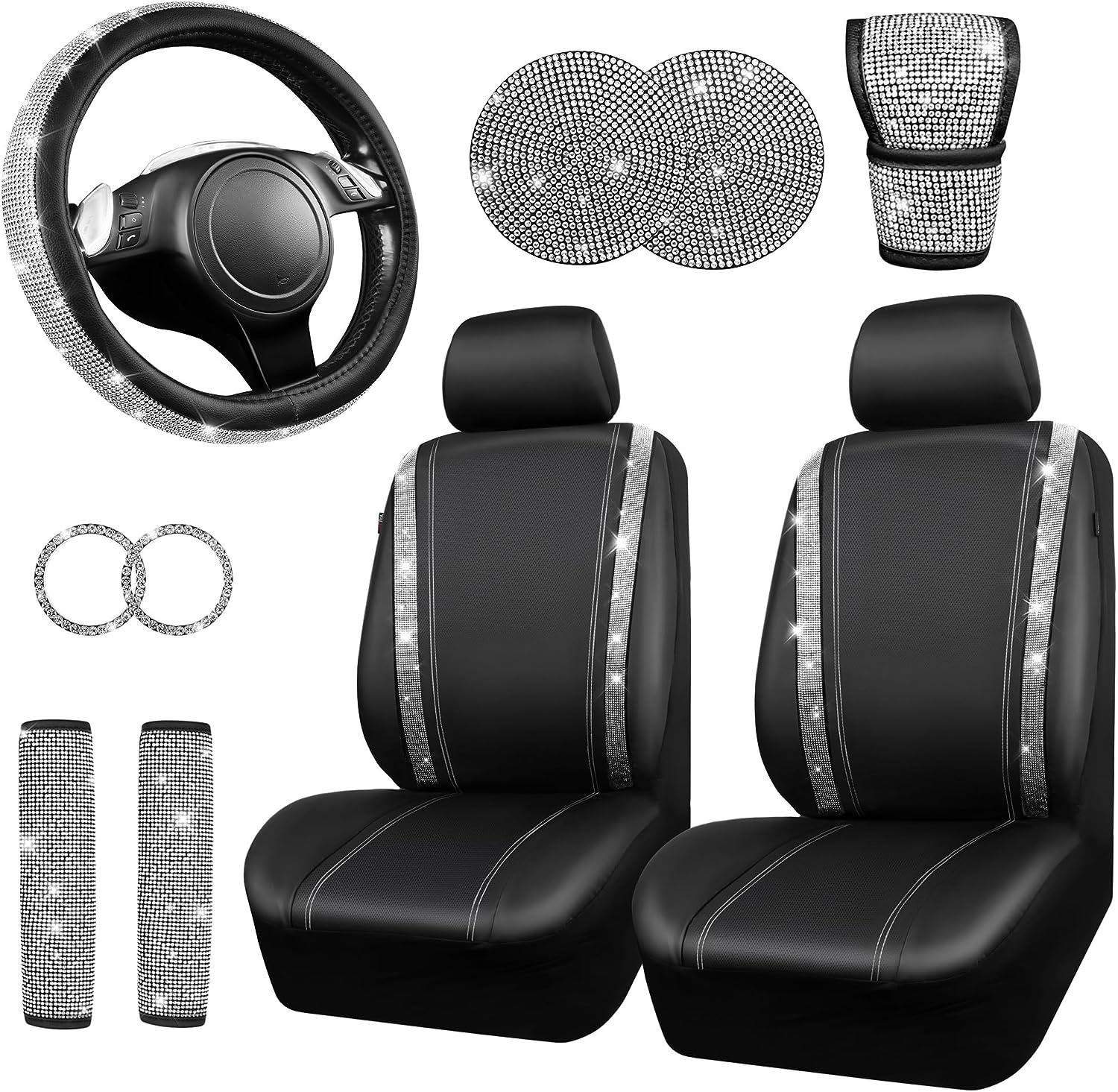 CAR PASS Leather Diamond Bling Seat Covers Sets 12 pcs, Bling Car Accessories Set for Women, Sparkly Rhinestone Steering Wheel Cover Sets, Glitter Cute Car Interior Sets for Women Girl, Silver Diamond