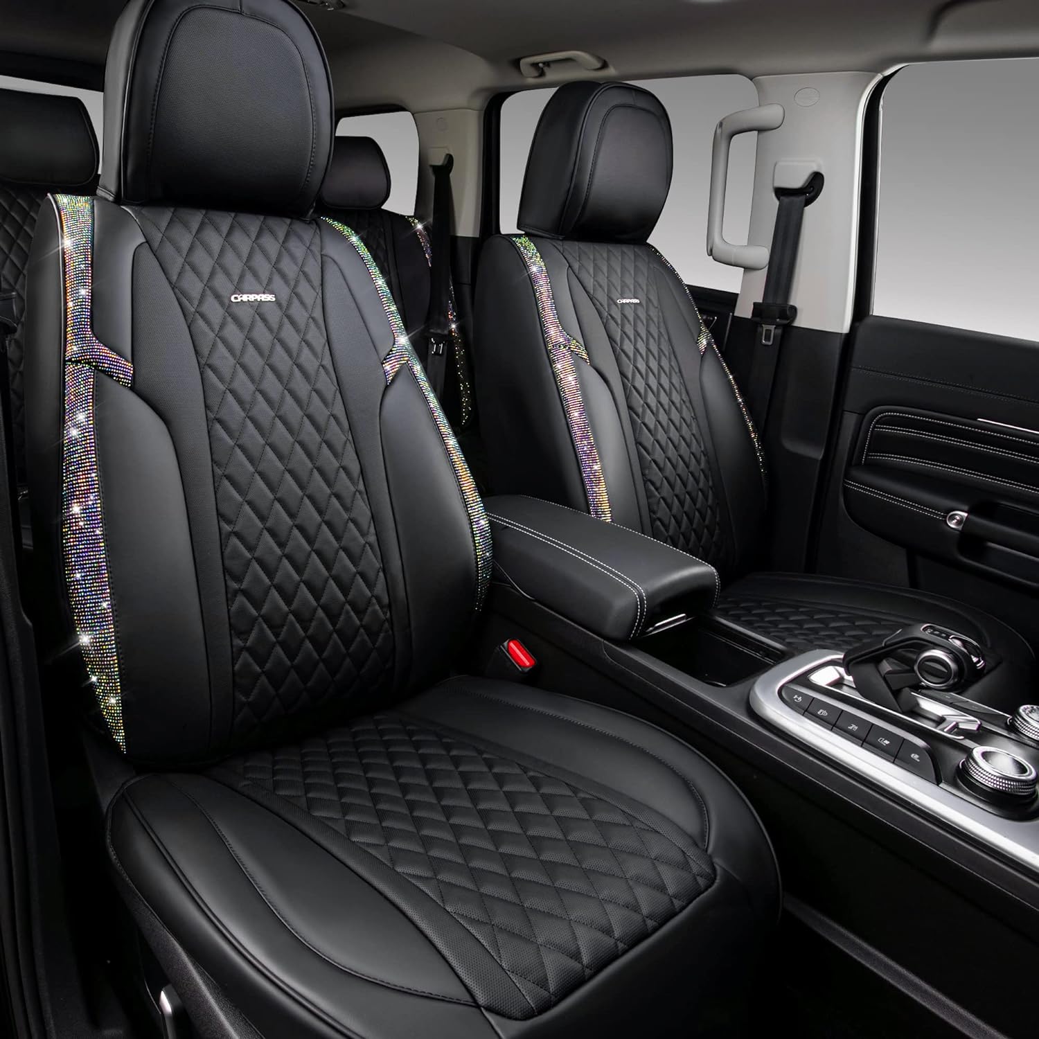 CAR PASS Iridescent Diamond Nappa Calfskin Leather Cushioned,Bling Seat Covers & Steering Cover & Car Floor Mats Universal Fit for Auto SUV Sedan,Sparkly Glitter Shining Rhinestone, Multicolor