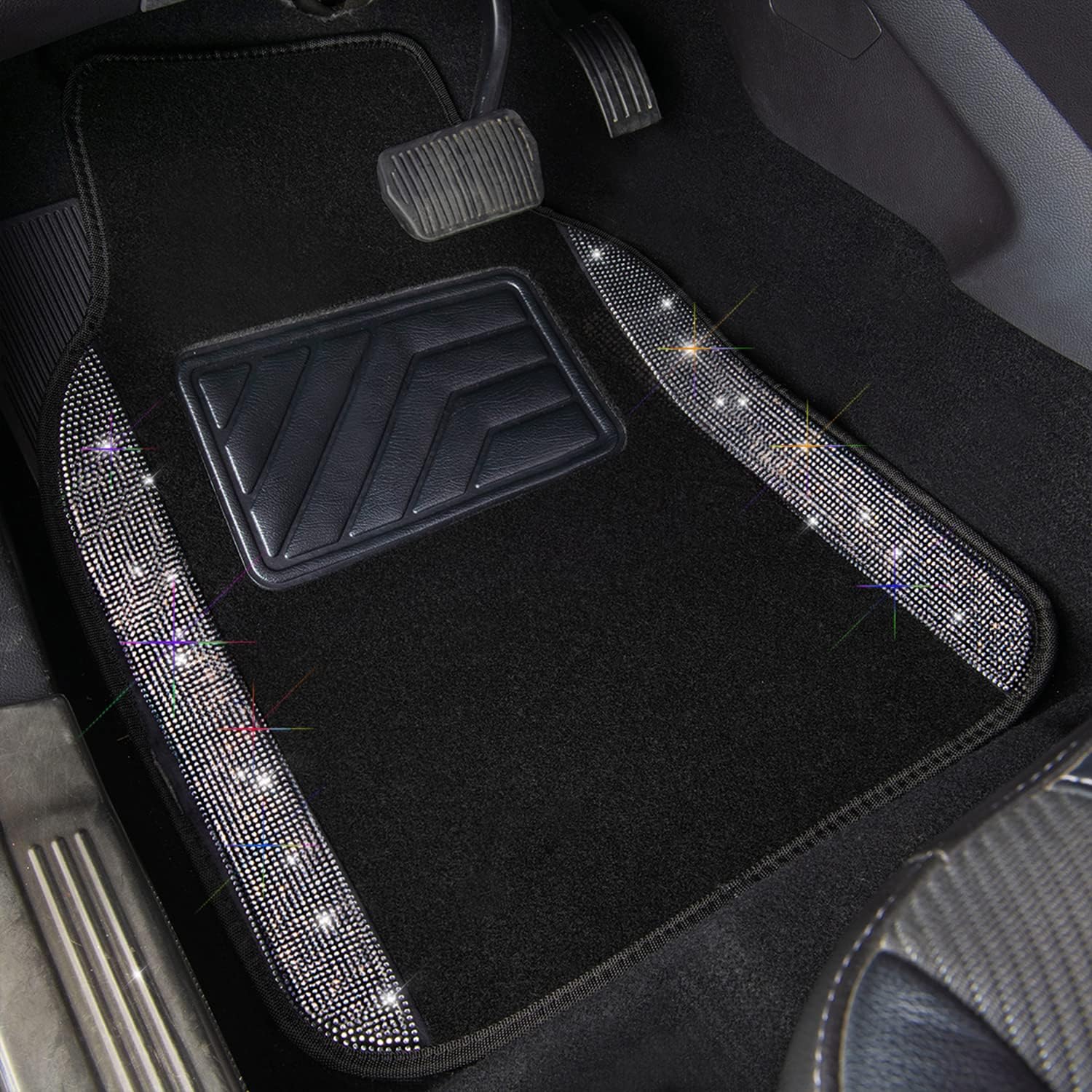 CAR PASS Shining Rhinestones Carpet, Bling Crystal Diamond Sparkly Glitter Car Floor Mats, Car Seat Covers, Shining Rhinestone Diamond Waterproof Faux Leather Two Front,Silver
