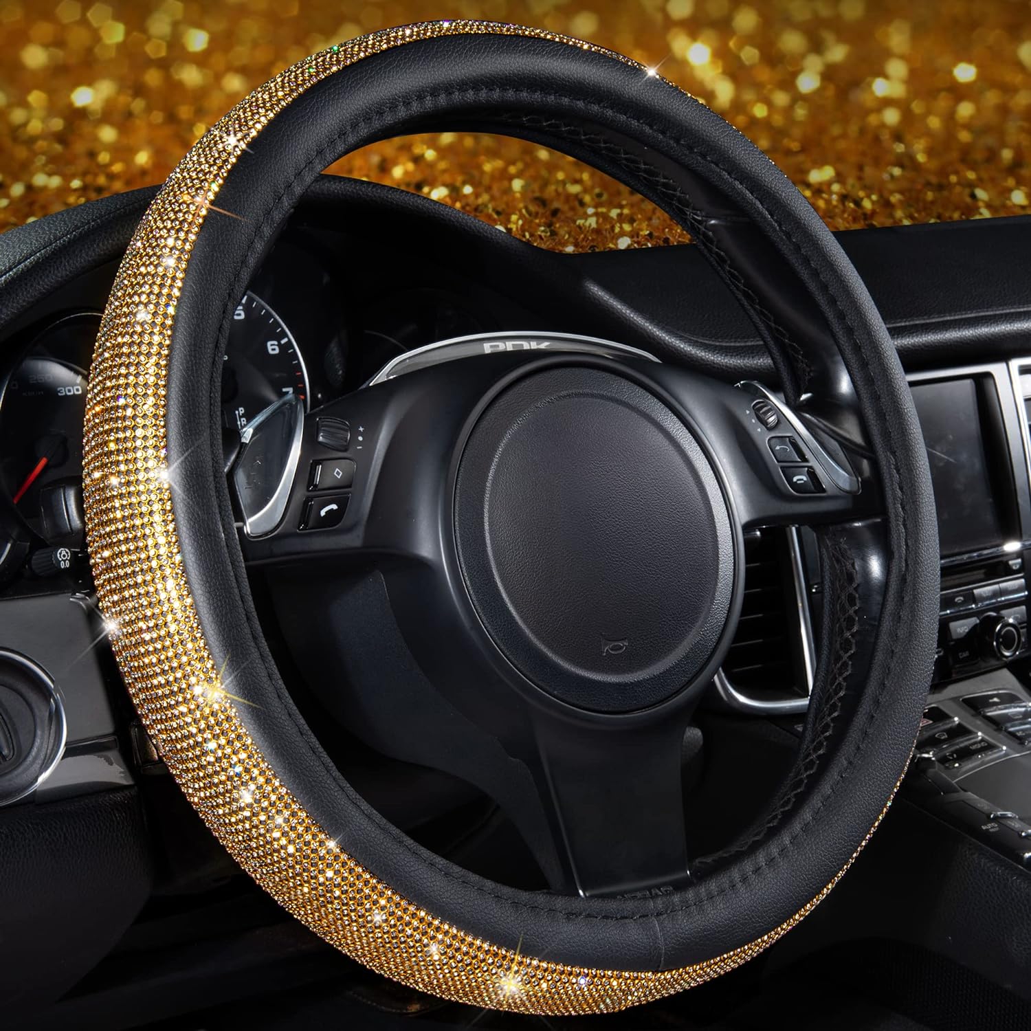 CAR PASS Diamond Car Floor Mats & Leather Steering Wheel Cover, with Bling Crystal Rhinestones Universal Fit 14" 1/2-15" Crystal Glitter for Women Sparkle Girl