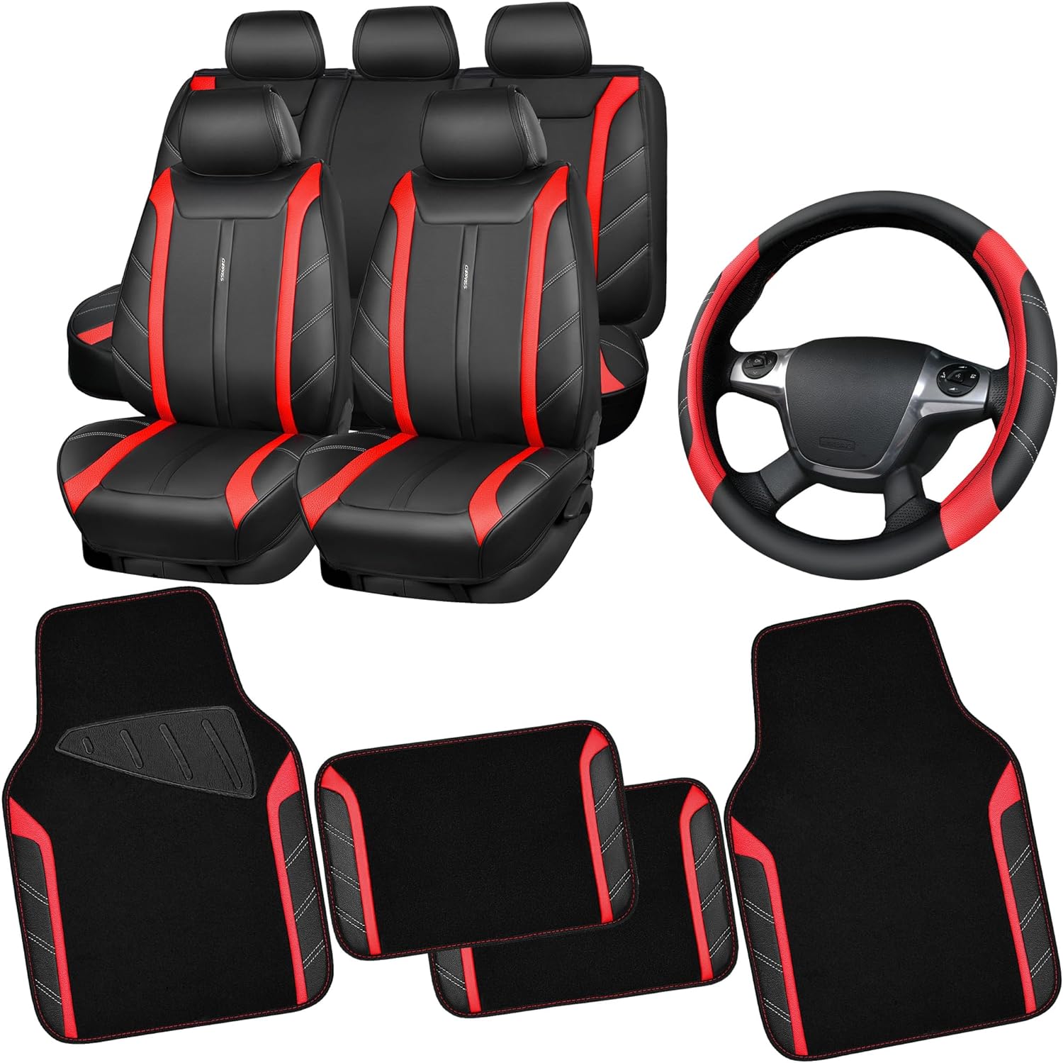 CAR PASS Leather Steering Wheel Cover, Car Floor Mats and Leather Seat Covers Full Set All Coverage Cushioned Universal Fit for SUV, Cars, Van, Sporty (Black and Red)