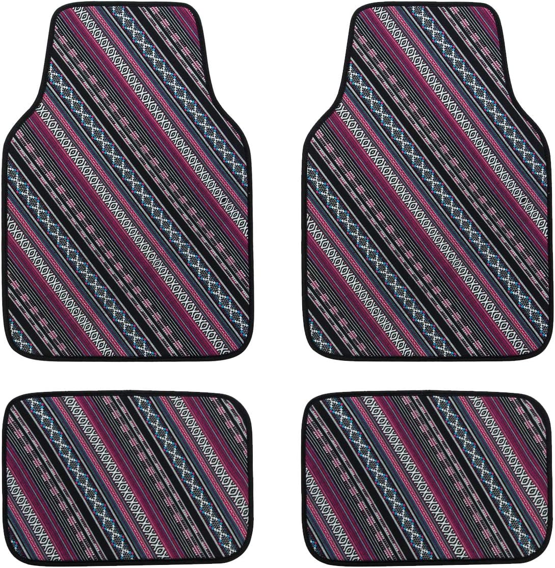 CAR PASS Universal Fit Ethnic Baja Saddle Blanket Boho Paisley Stripes Style Waterproof Car Floor Mats Set of 4 Pieces, Fit for Suvs,Vans,Sedans,Trucks (Purple)