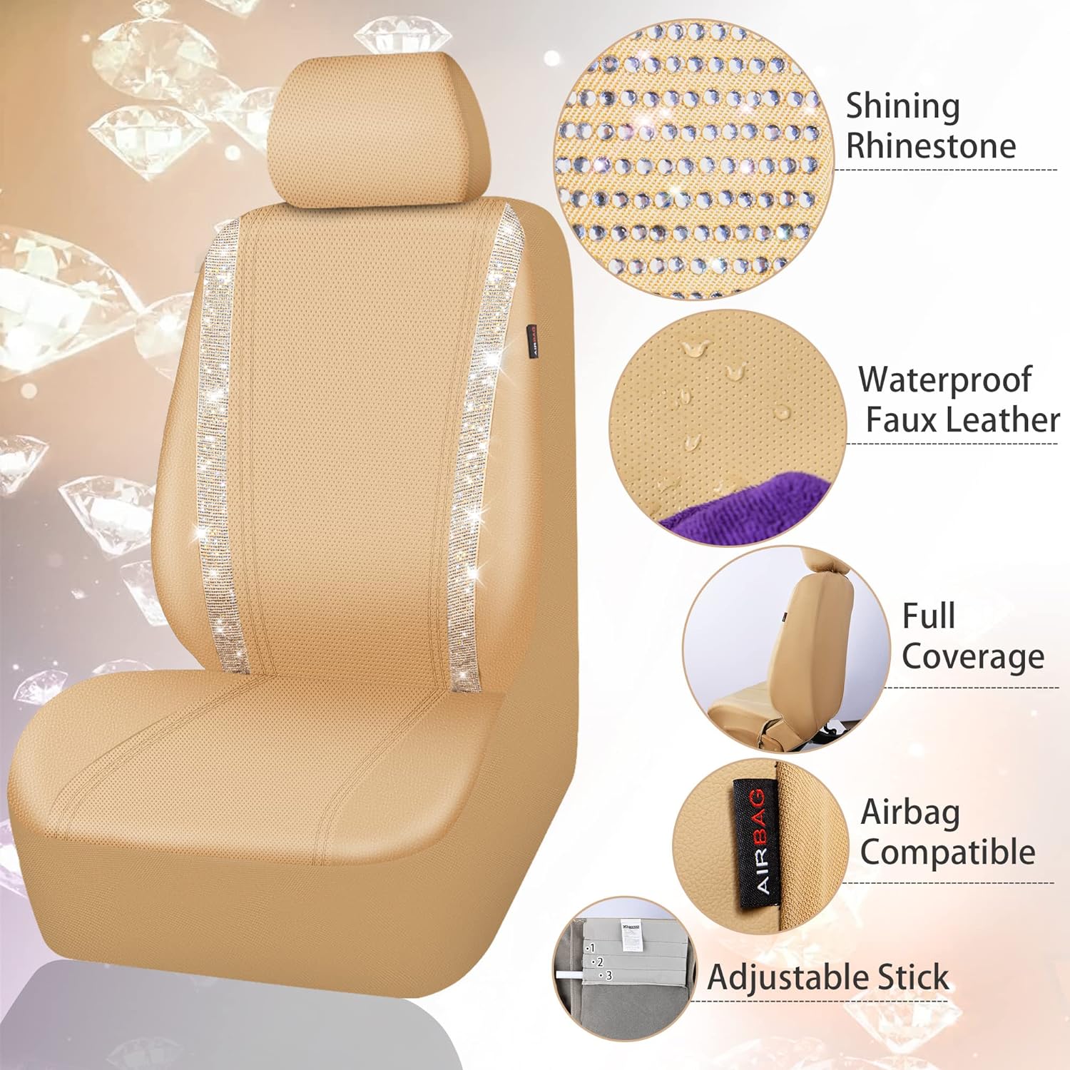 CAR PASS Leather Diamond Bling Car Seat Cover 2 Front Interior Sets, Waterproof Universal Shining Glitter Crystal Sparkle Fit for 95% Automotive Truck SUV Cute Women Girl, Black Silver Rhinestone