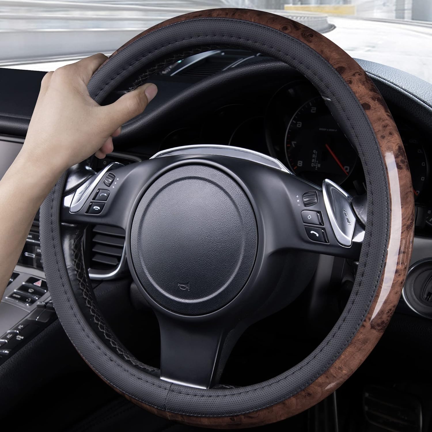 CAR PASS Wood Grain Microfiber Leather Steering Wheel Cover, Universal Fit for 14 1/2-15 inch Beige Steering Wheel, Anti-Skip Veins Design,Trucks, Suvs,Vans, Sedans (Beige)