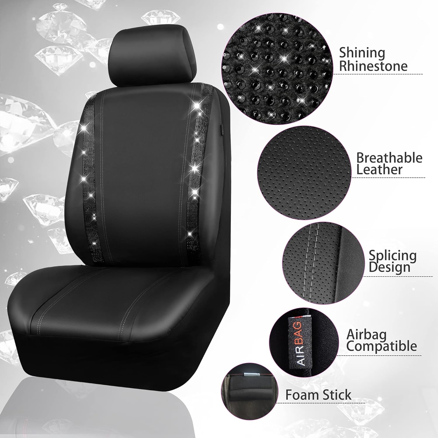 CAR PASS Bling Diamond Leather Steering Wheel Cover, Two Front Car Seat Covers, Back Seat Cover, Car Floor Mats