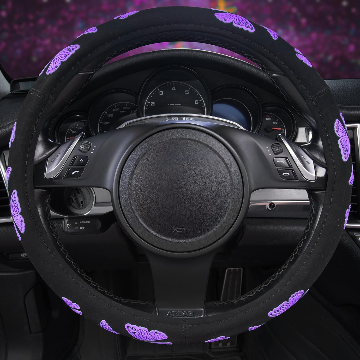 Car Pass Purple Butterfly Steering Wheel Cover, Universal Fit for Suvs, Trucks, Sedans, Cars for Cute Women Girly (Black and Purple)