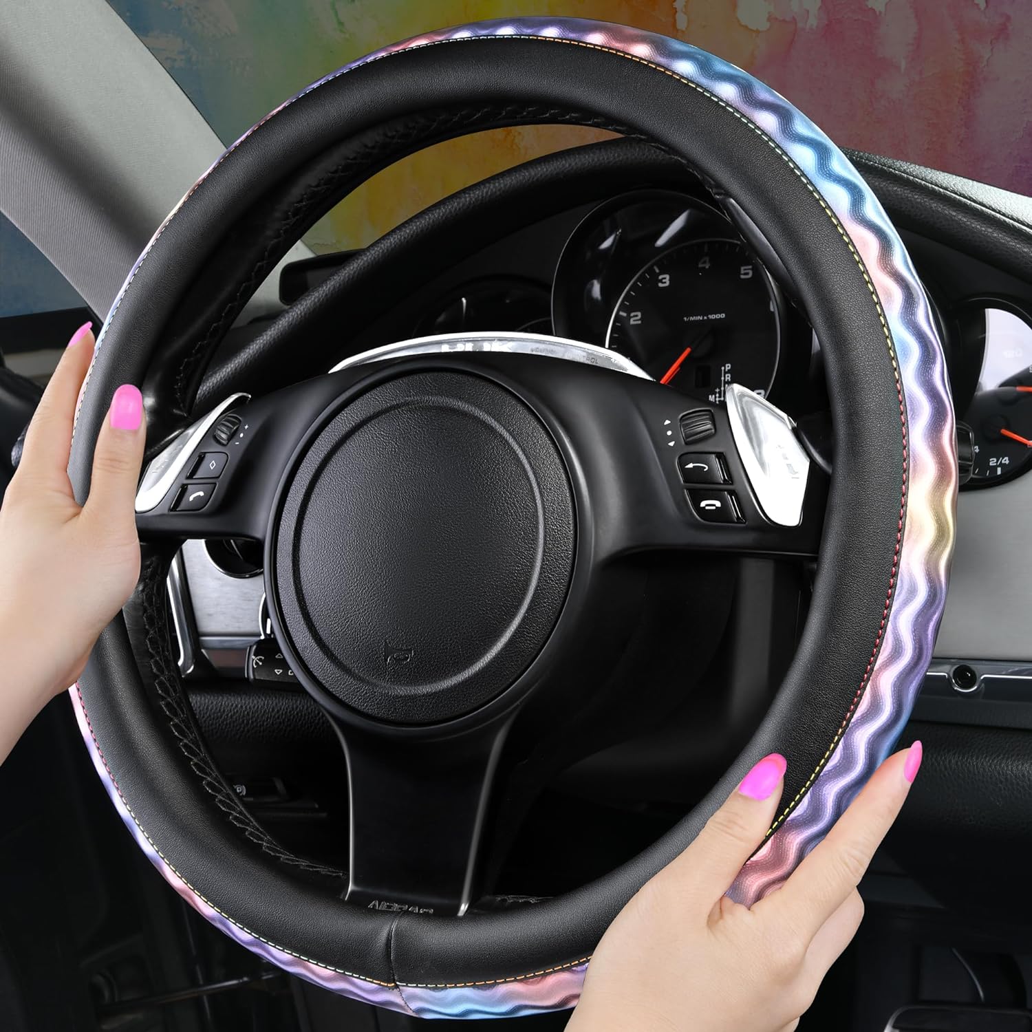 CAR PASS Steering Wheel Cover,Sporty Glossy Iridescent Reflective Leather Universal Fit Steering Wheel Covers,Fit for 14.5-15 inchs Car,Truck,SUV,sedans (Black)