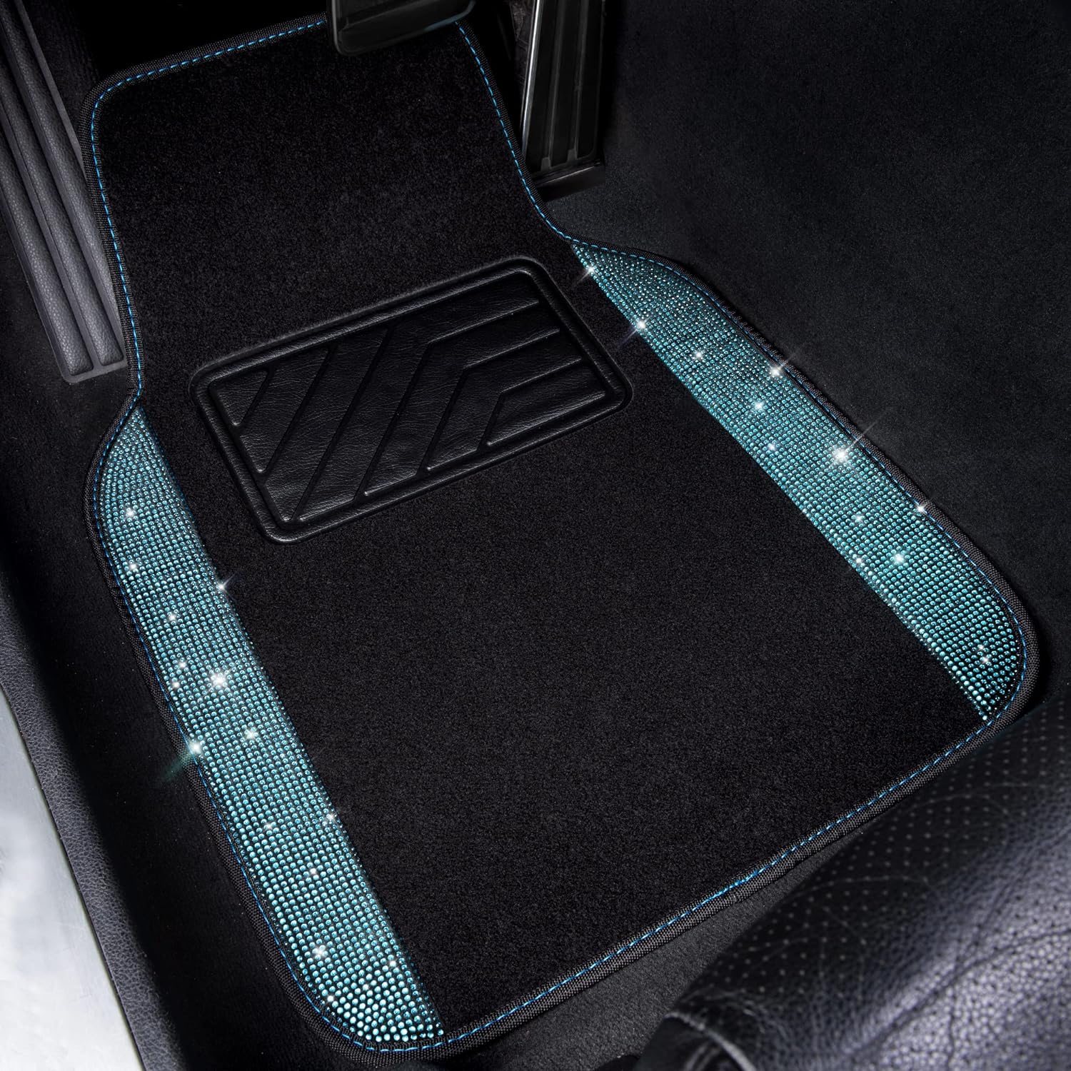 CAR PASS Bling Car Seat Covers Full Set, Shining Rhinestone Diamond Waterproof Faux Leather, Rear with Zipper, Rhinestones Diamond Waterproof Car Floor Mat, Mint