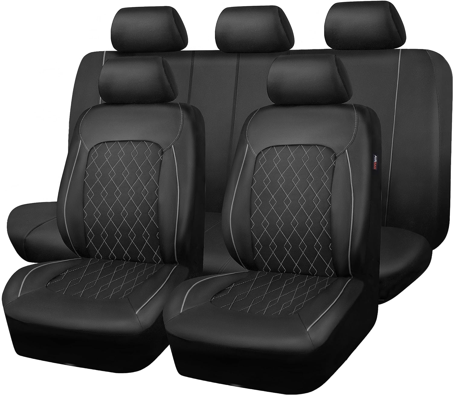 CAR PASS PU Leather Car Seat Covers Full Set Fit Most Cars Trucks SUVS Auto Seat Covers Set Car Seat Protector Car Seat Cover with Zipper Design, Airbag Compatible (Full seat Black Gray)