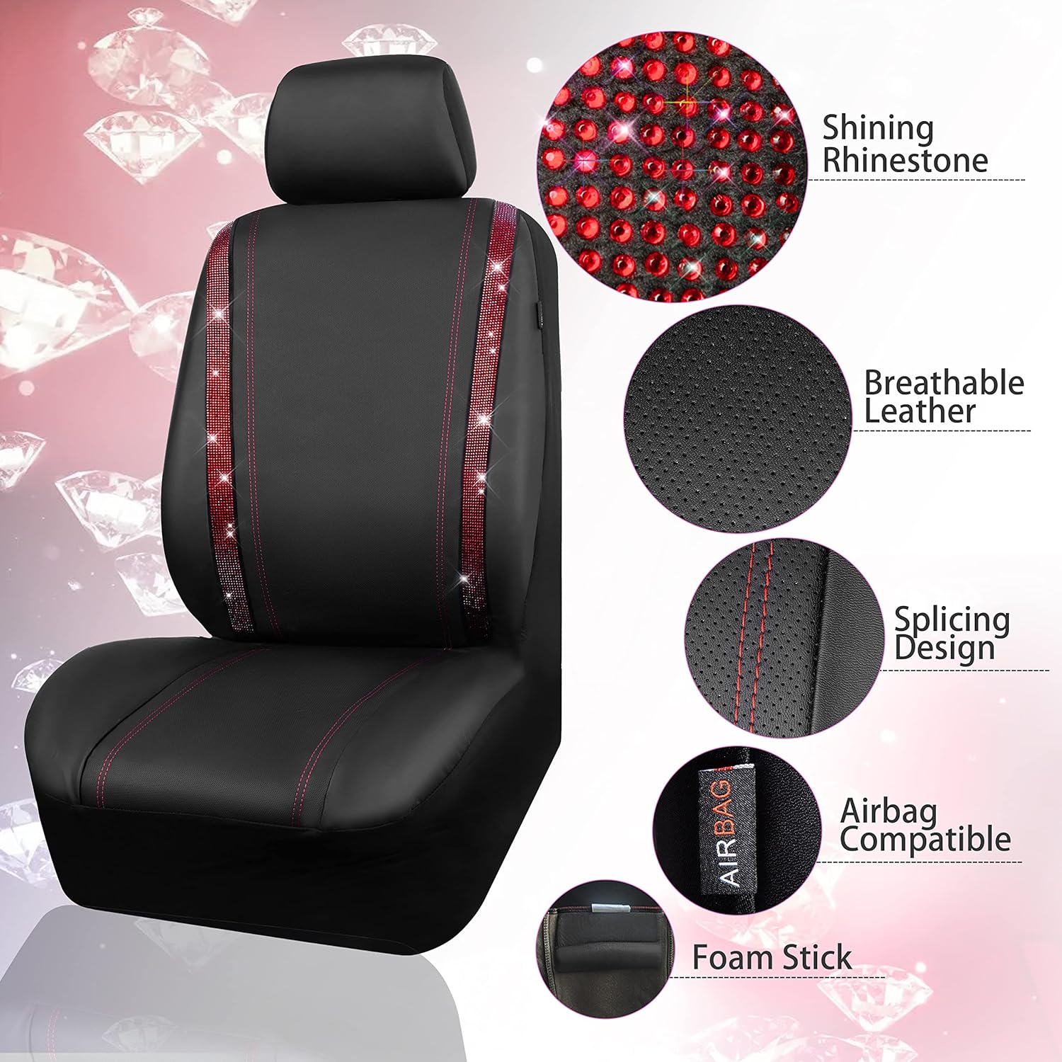CAR PASS Bling Diamond Car Seat Covers Two Front Seats & Car Steering Wheel Cover, Red Diamond