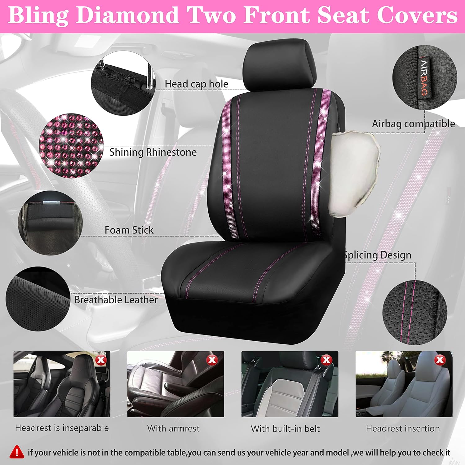CAR PASS Bling Diamond Car Seat Covers Two Front Seats & Car Steering Wheel Cover