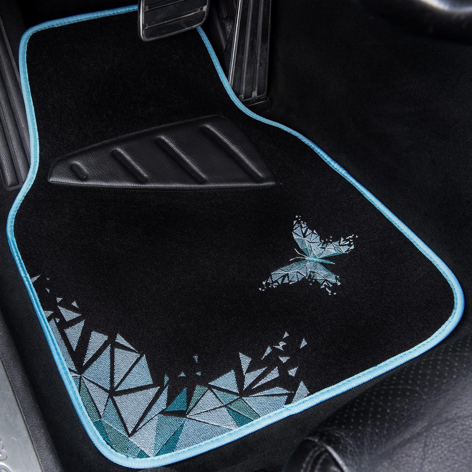 CAR PASS Universal Embroidery Geometric Butterfly Car Floor Mats with Heel Pad -Waterproof -Anti Slip Nibs, Blue Car Floor Mats Fit 95% Automotive,SUVS,Sedan,Vans,for Women,Girly (Blue Butterflies)