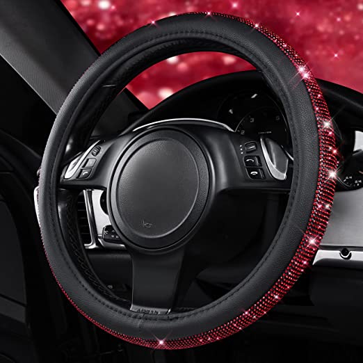 Rhinestones Diamond Bling Steering Wheel Cover, Fit for Suvs,Vans,Sedans,Cars,Trucks-Red