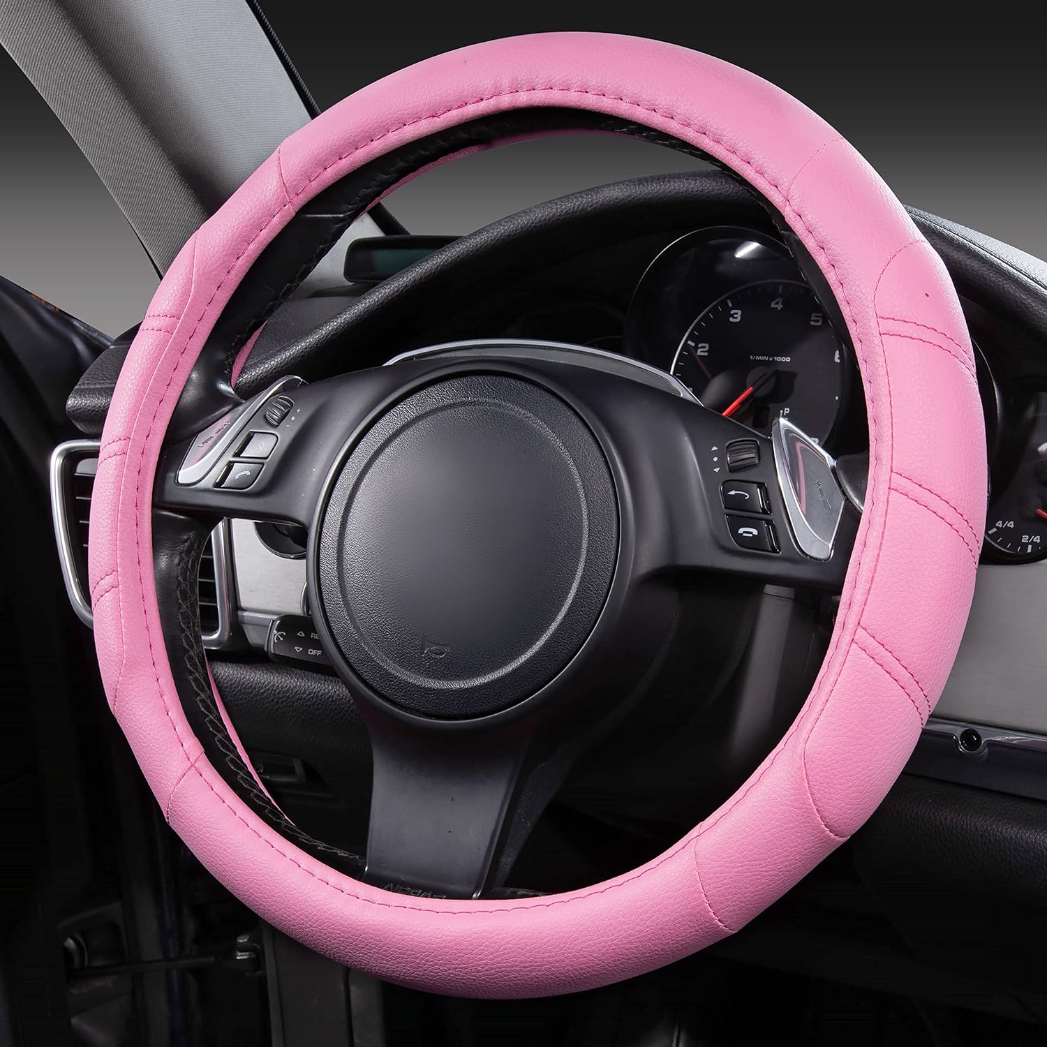 CAR PASS Barbie Pink Nappa Waterproof Leather Car Seat Covers Two Front Seat Bundle with Floor mats and Steering Wheel Cover