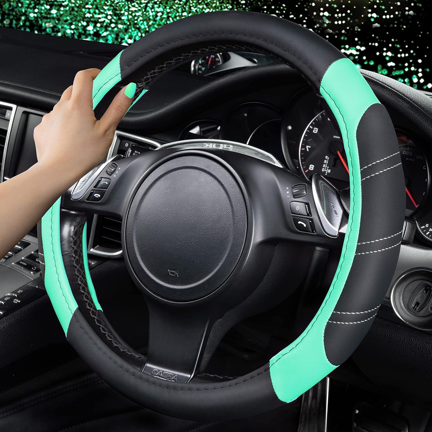 CAR PASS Steering Wheel Cover and Heavy Duty Leather Seat Cover Combo, Waterproof Automotive Seat Cover Fit for Most Sedans, SUV, Pick-Up, Truck.Black and Mint