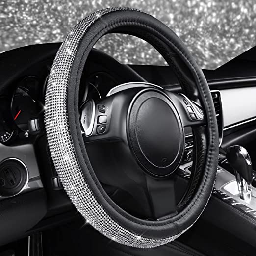 Rhinestones Diamond Bling Steering Wheel Cover, Fit for Suvs,Vans,Sedans,Cars,Trucks-Silver