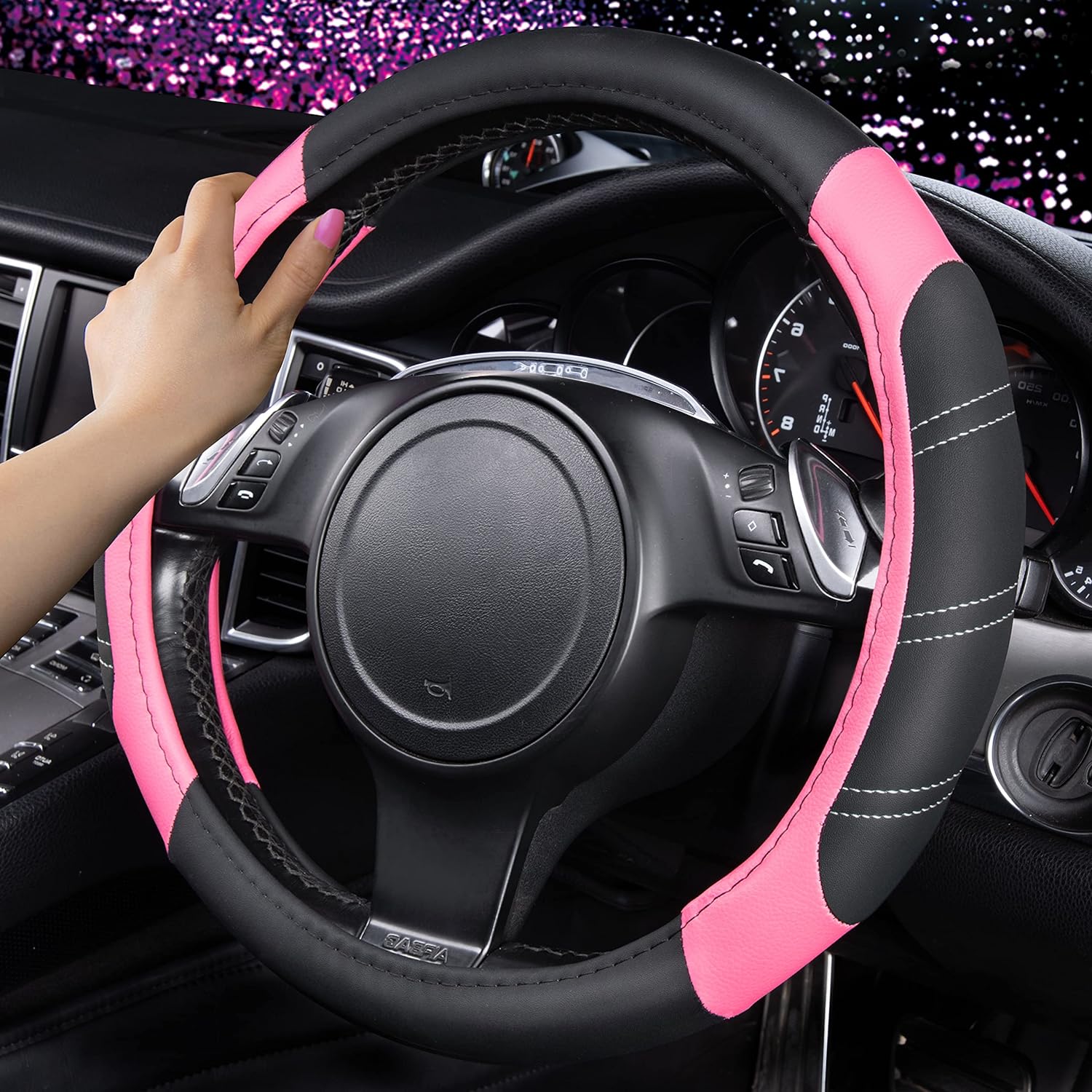 CAR PASS Line Rider Sporty Steering Wheel Cover and Car Seat Cover Sets. 11PCS Universal Fit Car Seat Cover with 14.5-15 Inch Steering Wheel Cover.(Black and Pink)