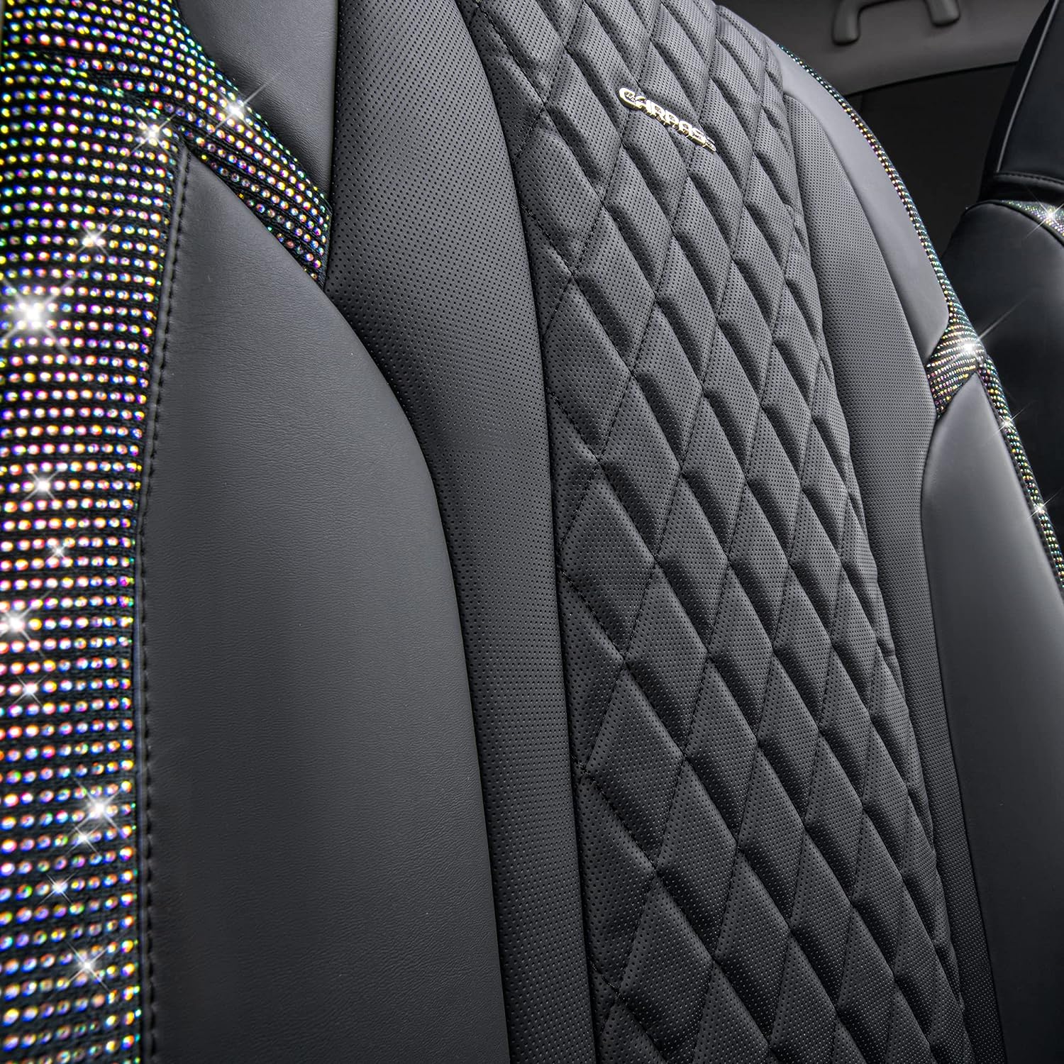 CAR PASS Iridescent Diamond Nappa Calfskin Leather Cushioned,Bling Seat Covers & Steering Cover & Car Floor Mats Universal Fit for Auto SUV Sedan,Sparkly Glitter Shining Rhinestone
