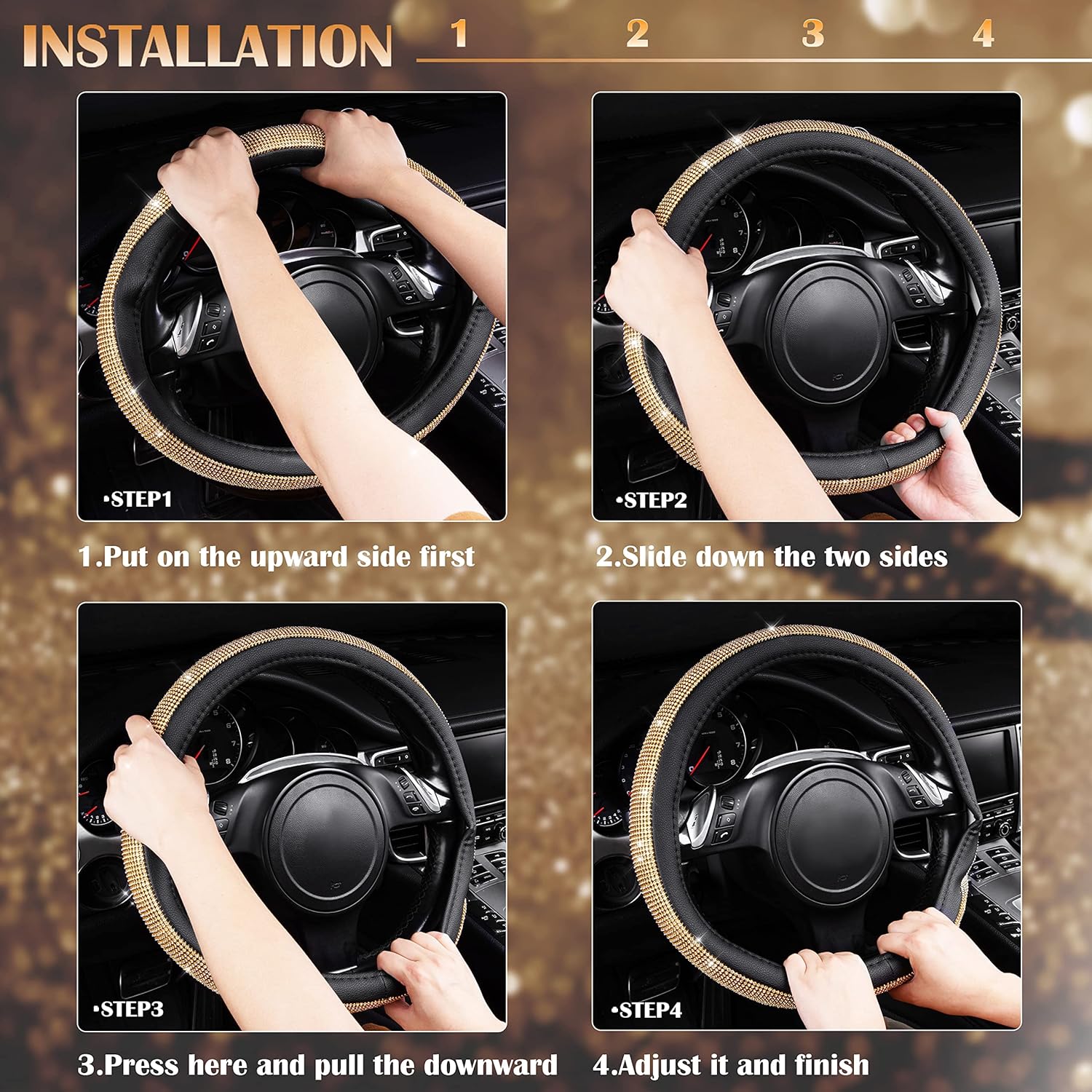 CAR PASS Diamond Car Floor Mats & Leather Steering Wheel Cover, with Bling Crystal Rhinestones Universal Fit 14" 1/2-15" Crystal Glitter for Women Sparkle Girl