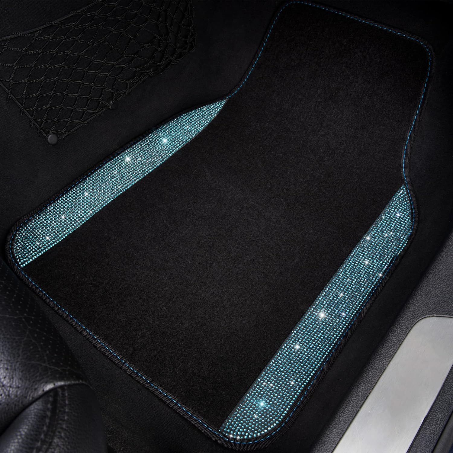 CAR PASS Bling Car Seat Covers Full Set, Shining Rhinestone Diamond Waterproof Faux Leather, Rear with Zipper, Rhinestones Diamond Waterproof Car Floor Mat, Mint